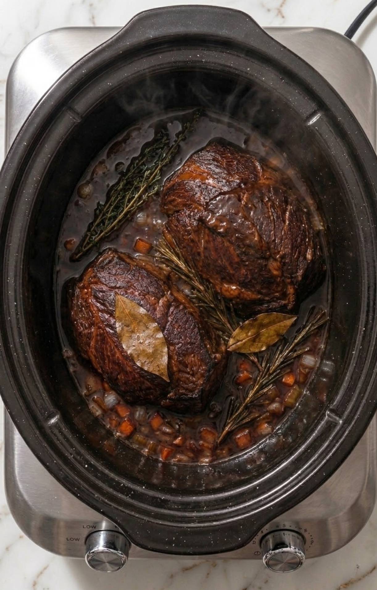 Two seared beef cheeks nestled in a slow cooker with beef broth, bay leaves, sprigs of rosemary, thyme, and diced mirepoix vegetables.