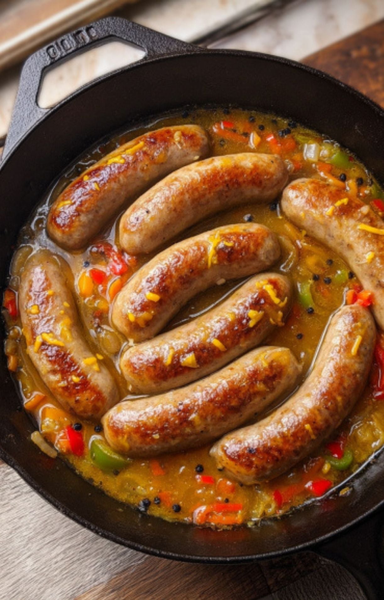 Grilled brats simmering in a bubbling beer bath with chopped red and green peppers, onions, and whole peppercorns in a cast-iron pan.