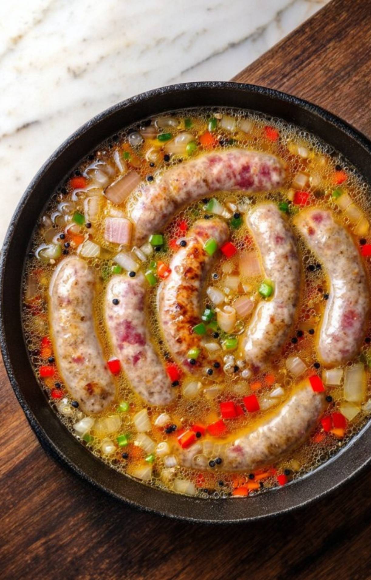 Raw and partially seared brats submerged in beer with finely diced red peppers, green peppers, and onions in a black skillet.
