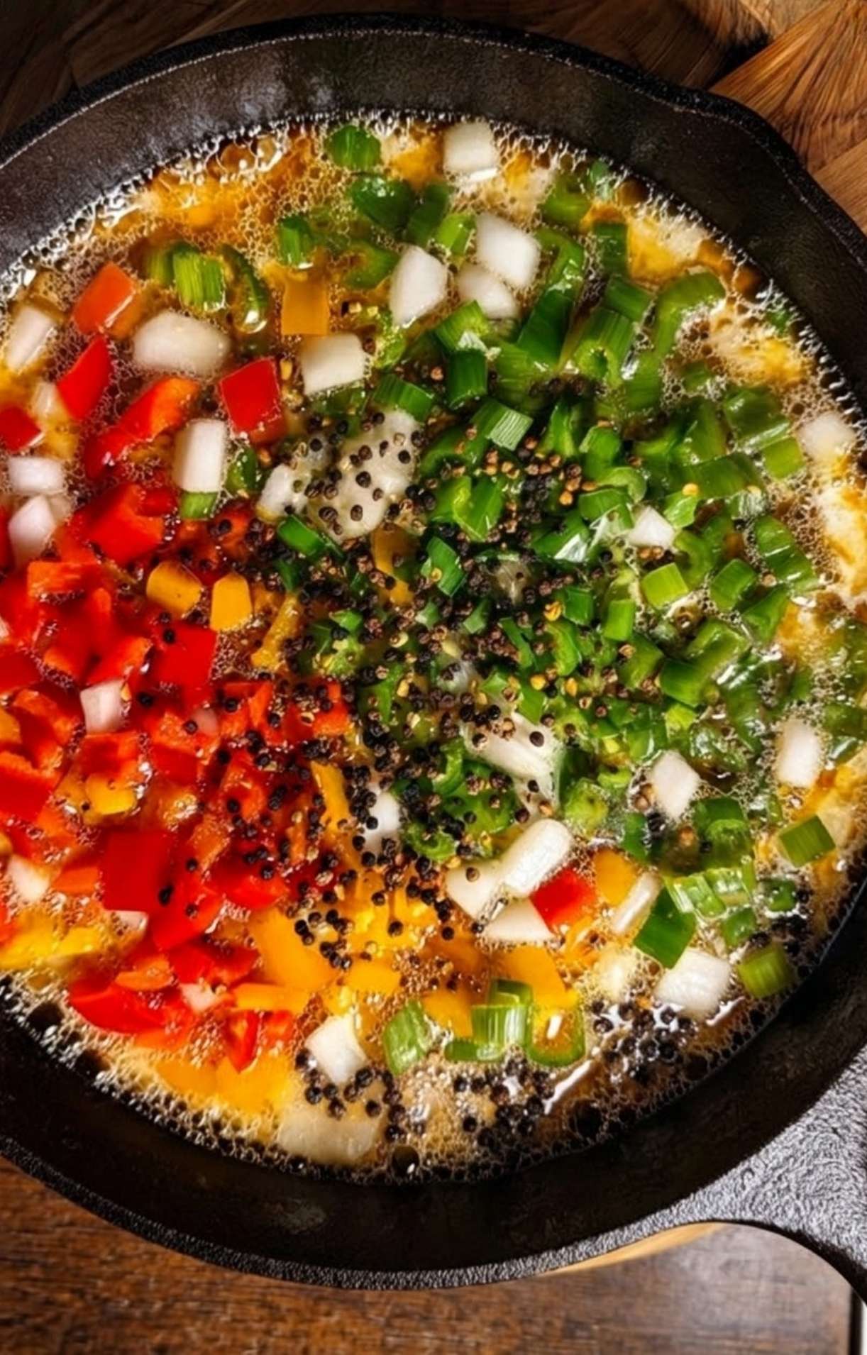 A close-up shot of bubbling beer in a pan filled with vibrant diced red, yellow, and green bell peppers, white onions, and black peppercorns.