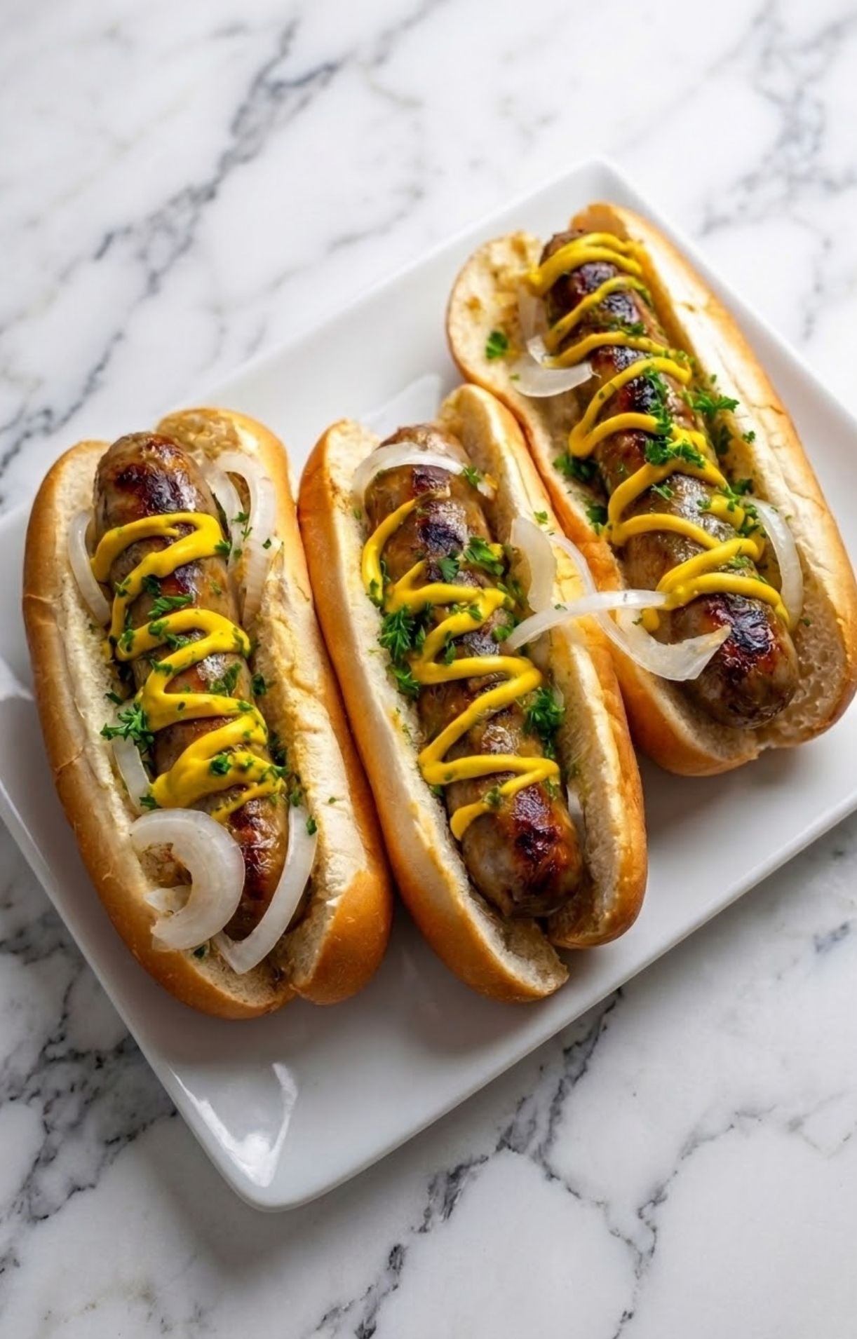Three perfectly assembled beer brats on a white rectangular plate, garnished with fresh herbs, onions, and mustard swirls on a marble background.