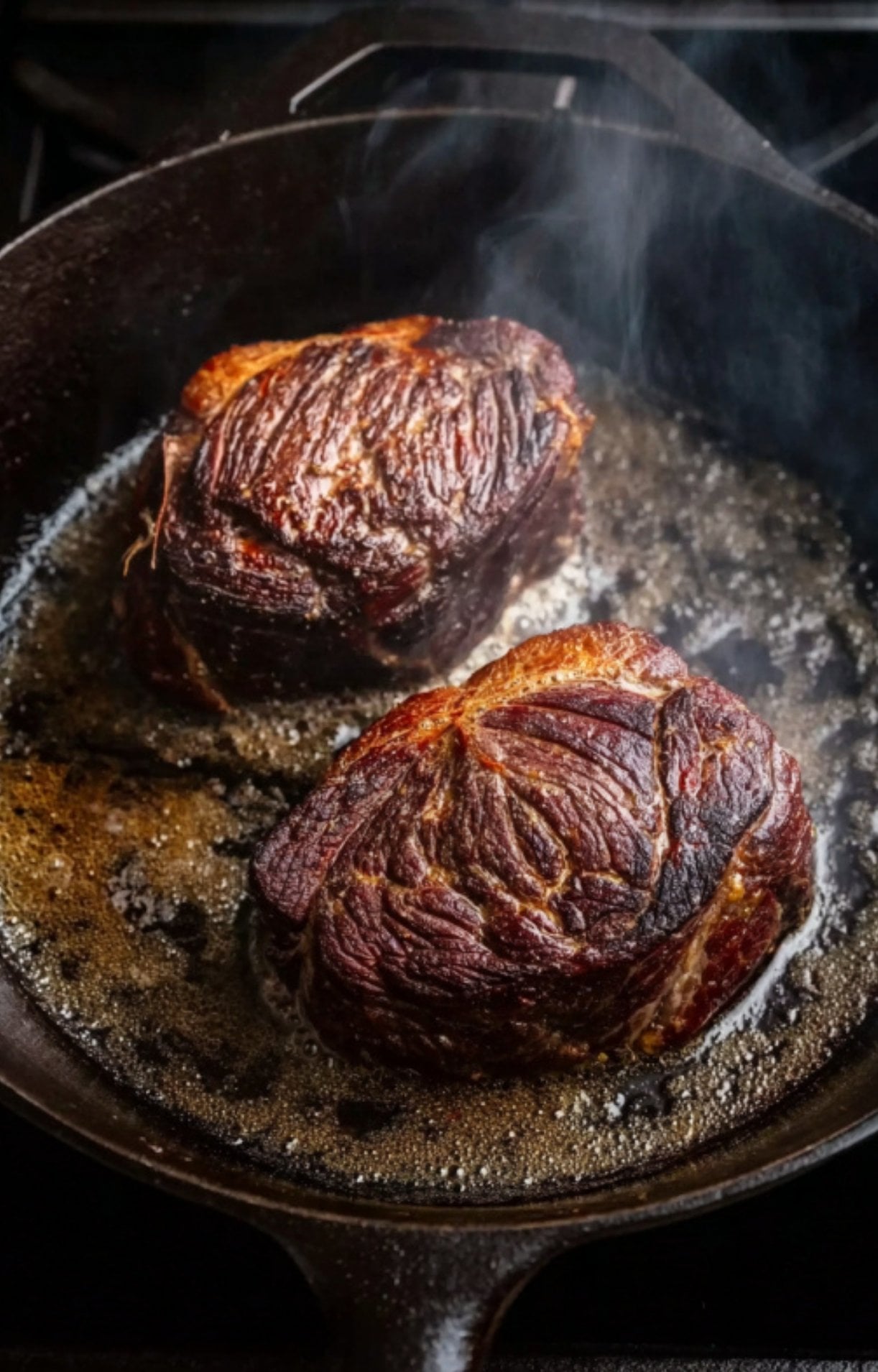 Two large beef cheeks being seared to a deep golden-brown crust in a hot cast-iron skillet with sizzling oil and steam rising, a crucial step for building flavor in slow cooker beef cheeks.