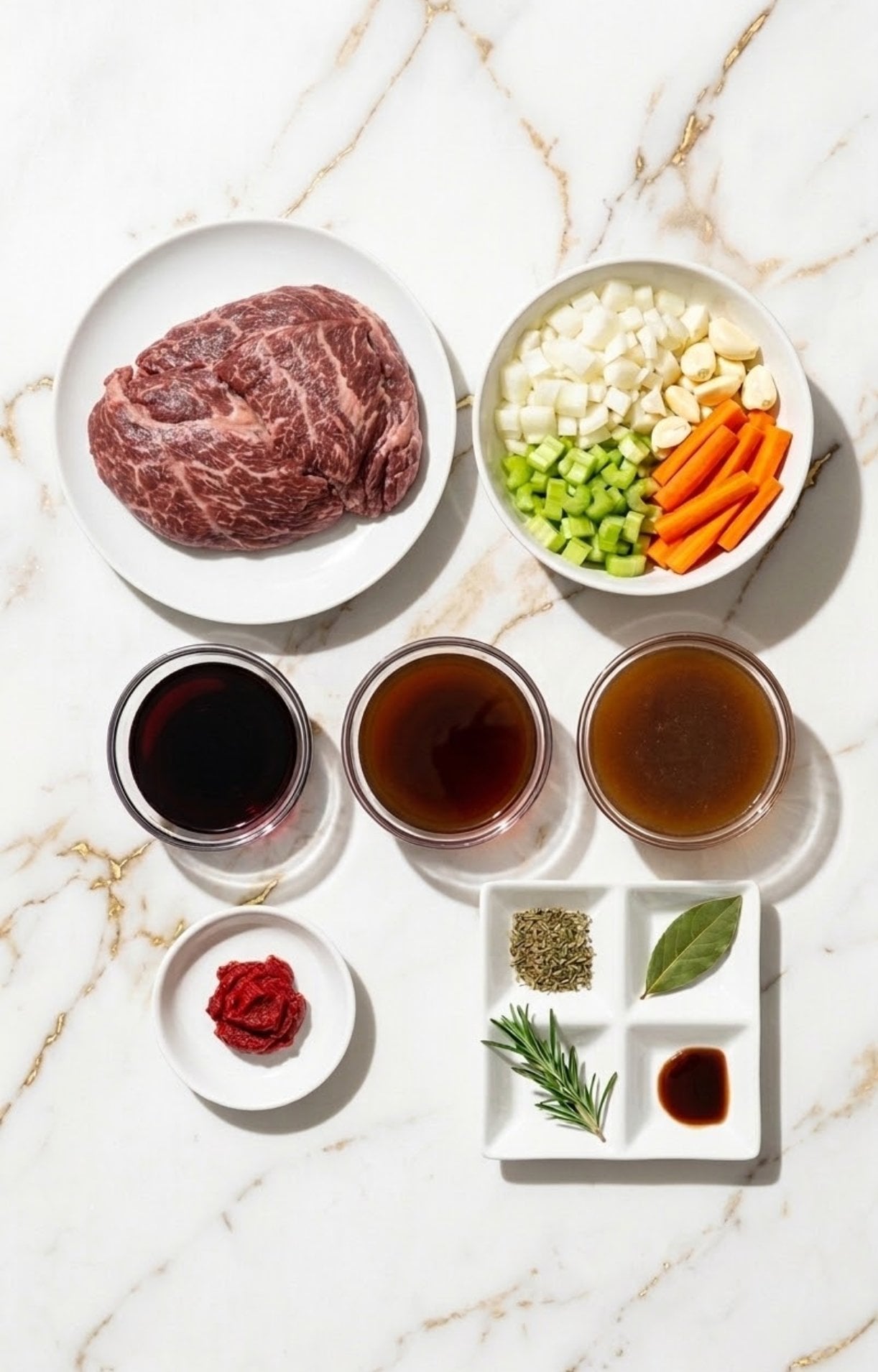 A flat lay of ingredients for Beef Cheeks including raw beef, chopped carrots, celery, onions, garlic, red wine, beef stock, tomato paste, and fresh herbs.