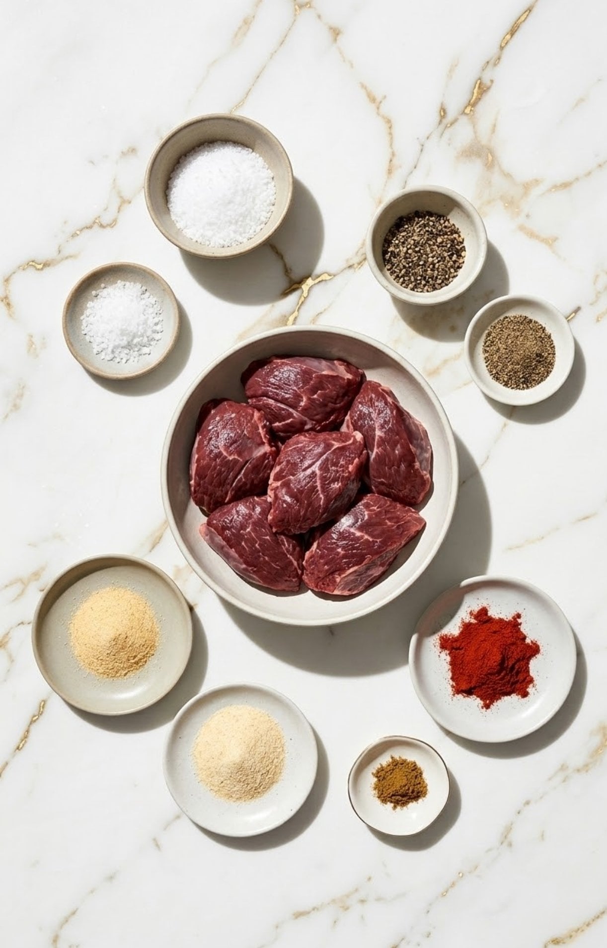 Overhead view of raw beef cheeks in a white bowl surrounded by small spice bowls containing salt, pepper, garlic powder, onion powder, and smoked paprika.
