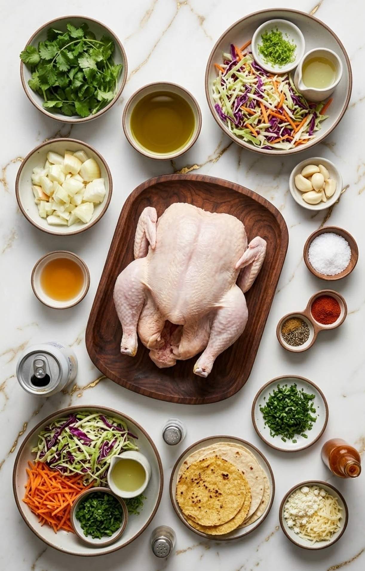 An overhead flat lay showing a whole raw chicken, a can of beer, tortillas, fresh cilantro, onions, lime juice, cabbage slaw, and various Mexican spices.