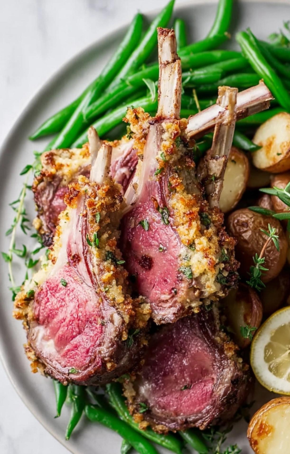 A top-down view of medium-rare lamb chops with a golden herb crust, served over vibrant green beans and roasted potatoes with fresh rosemary.
