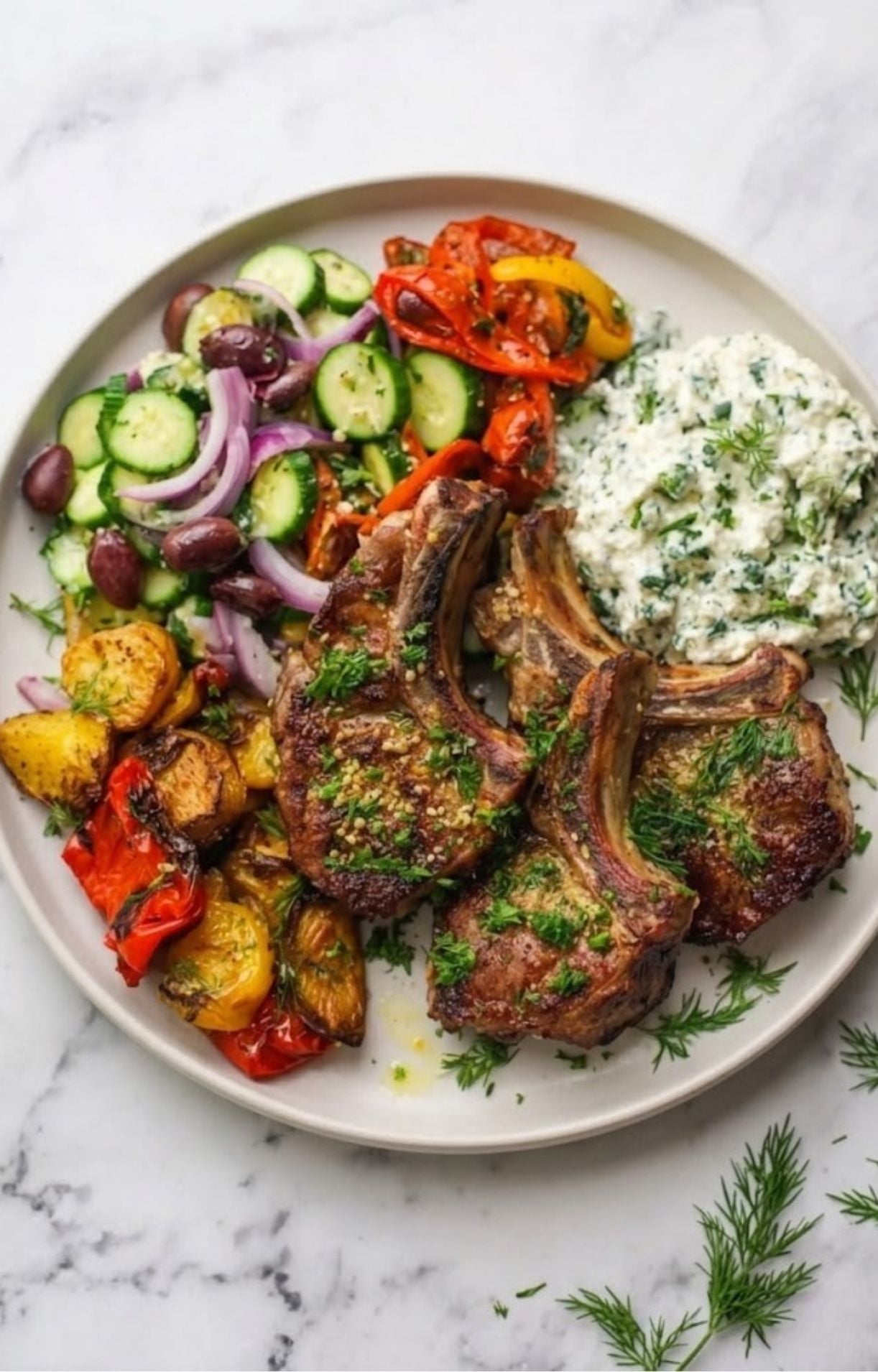 A balanced dinner plate featuring three seared lamb loin chops served with a Greek cucumber salad, roasted peppers and potatoes, and a side of creamy tzatziki sauce on a marble background.
