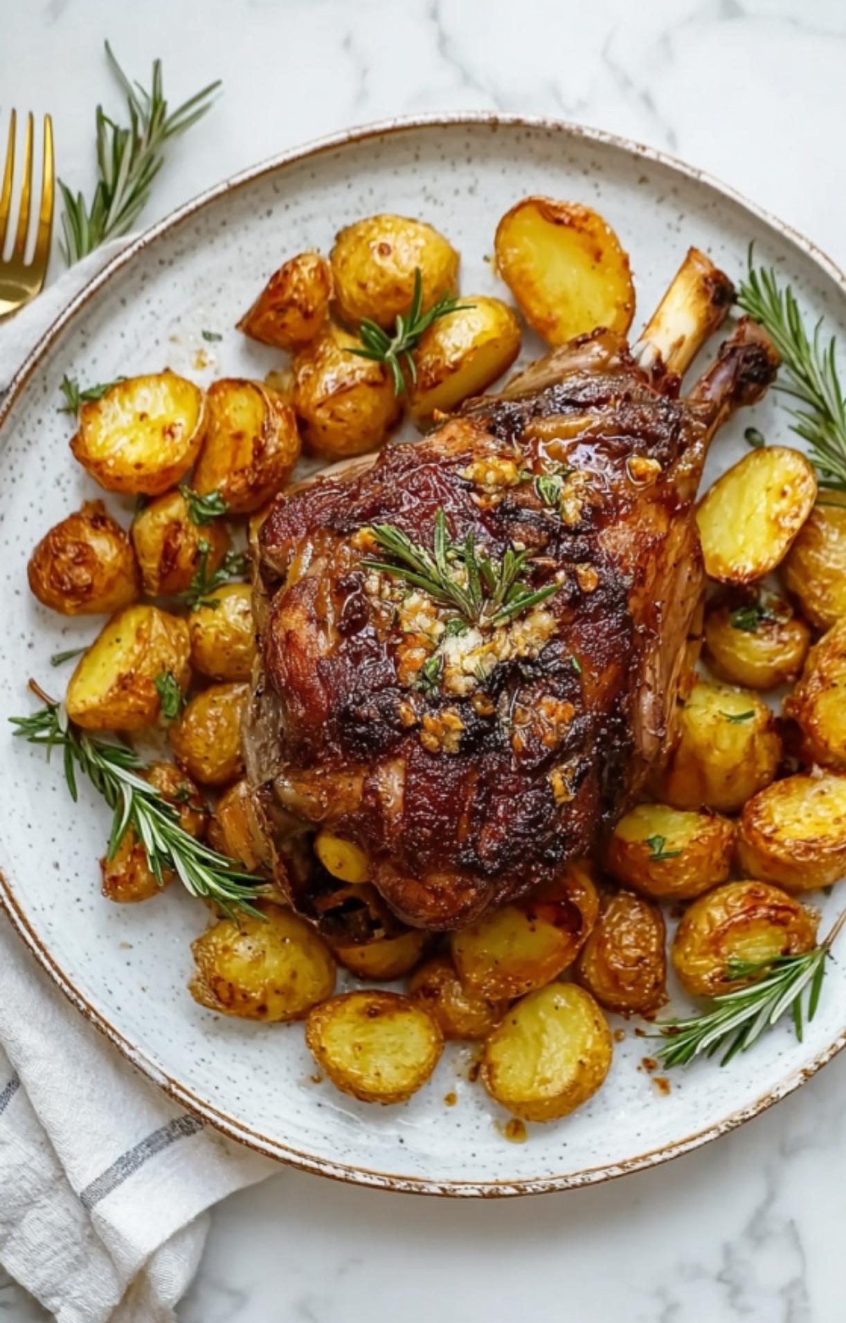 Top-down view of a completed air fryer leg of lamb meal on a speckled white plate, garnished with fresh rosemary sprigs on marble.