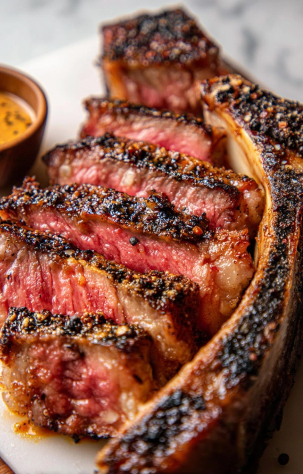 Extreme close-up of thick, juicy slices of smoked tomahawk ribeye, highlighting the contrast between the charred outer bark and the tender pink interior.