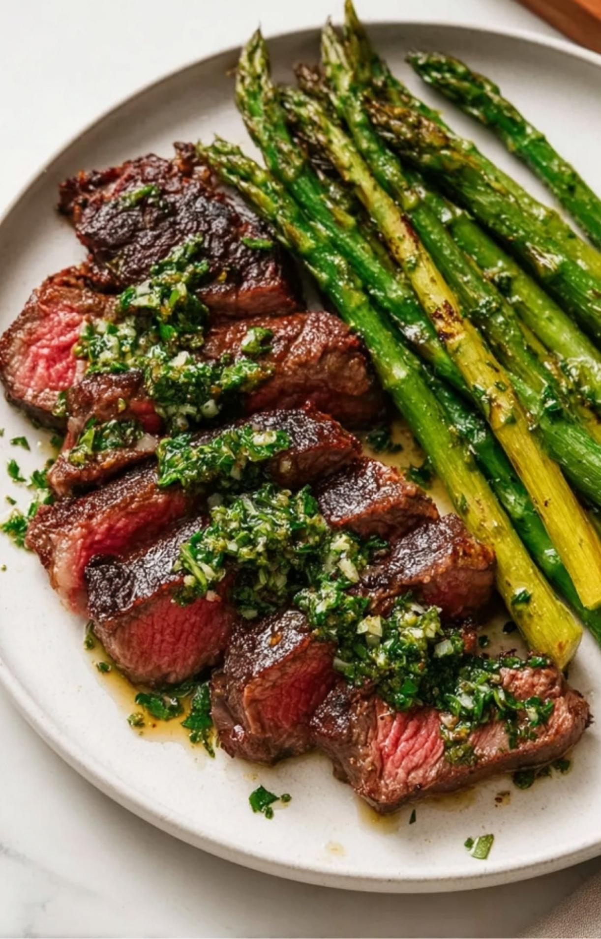 A clean white plate holding sliced smoked tomahawk steak drizzled with herb sauce and a generous portion of charred asparagus.