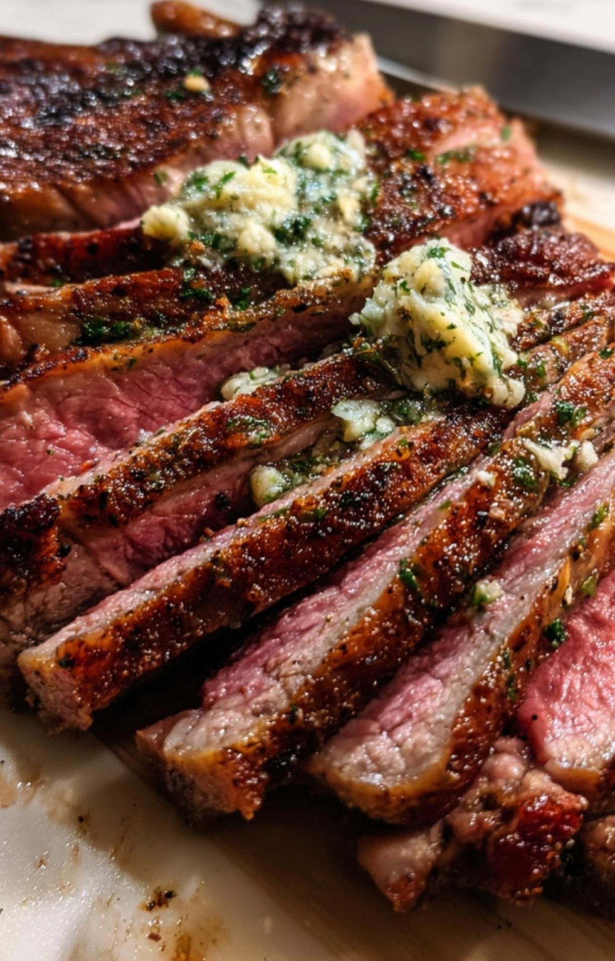 Close-up of sliced smoked tomahawk steak showing a perfect pink medium-rare center and charred crust.