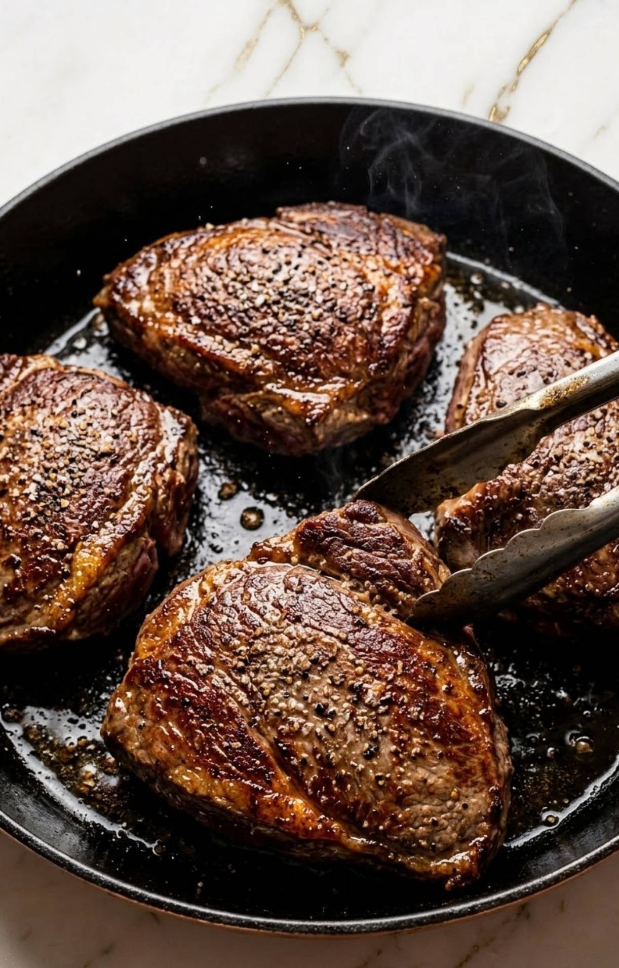 Four seasoned beef cheeks being seared in a hot cast-iron skillet with kitchen tongs flipping one piece to show the golden-brown crust.