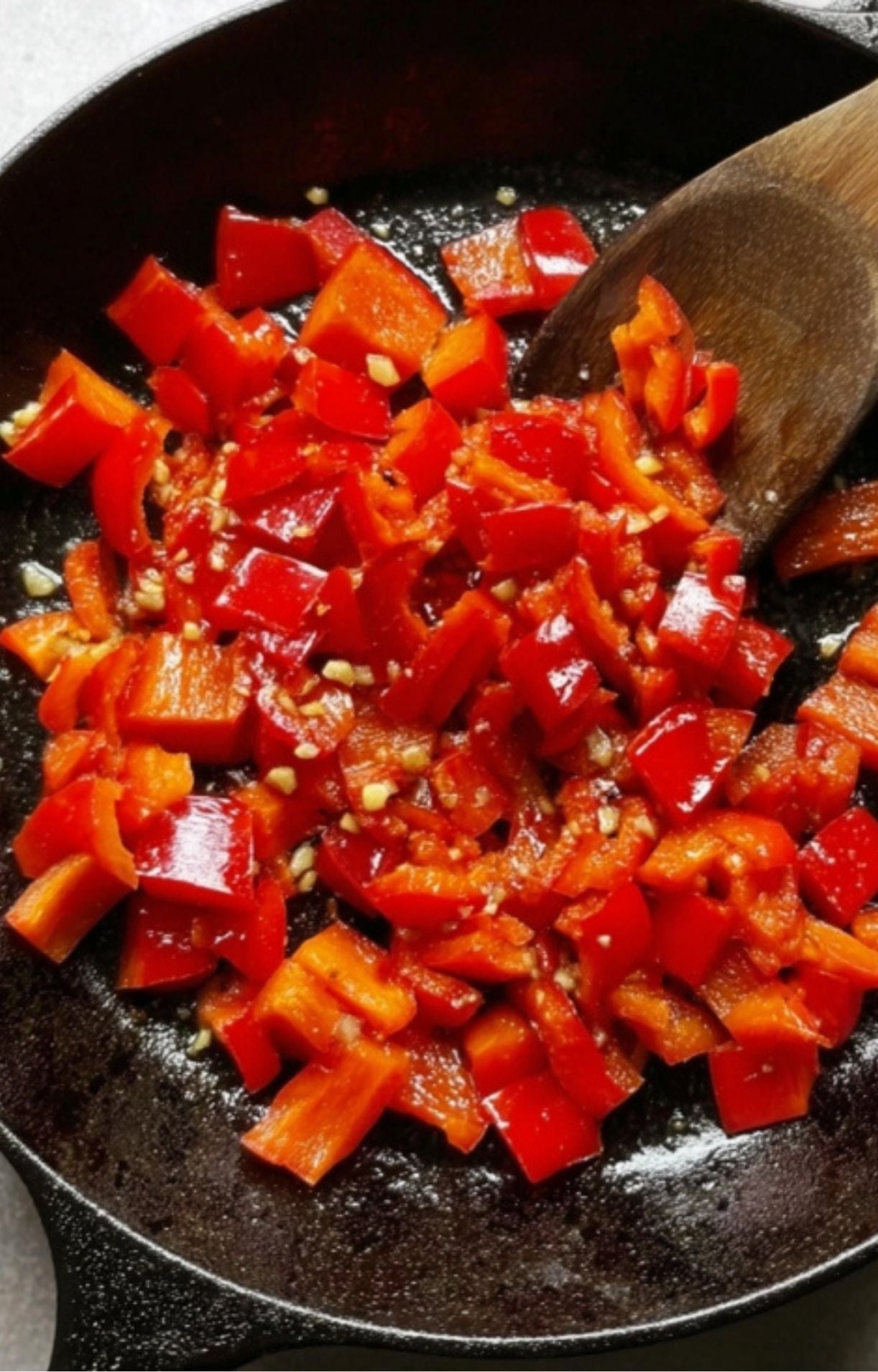 Chopped red bell peppers and minced garlic being sautéed in a skillet as a flavorful base for Beijing Beef stir fry.