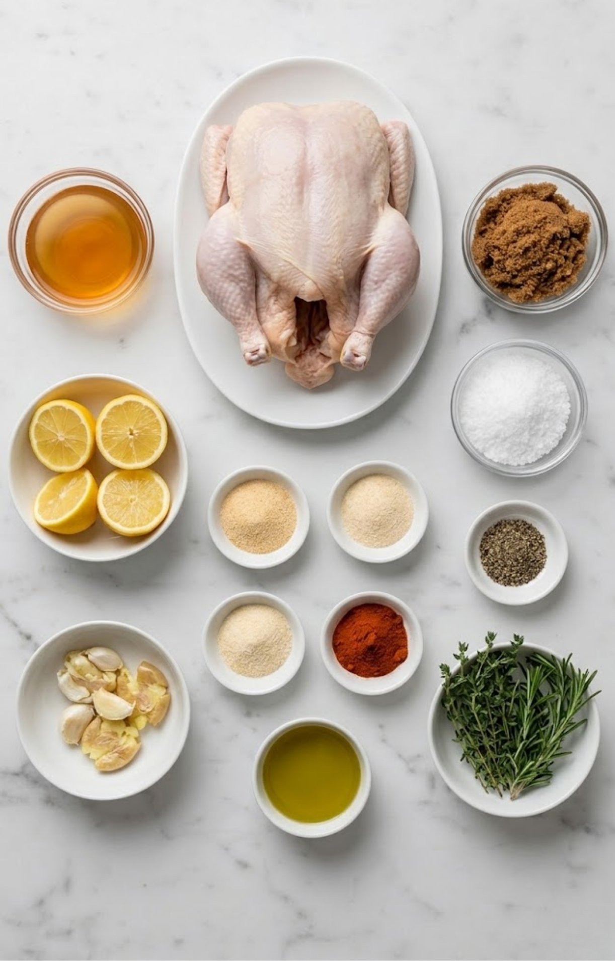Flat lay of ingredients for beer can chicken oven including a whole raw chicken, lemons, garlic, fresh herbs, olive oil, and various spices.