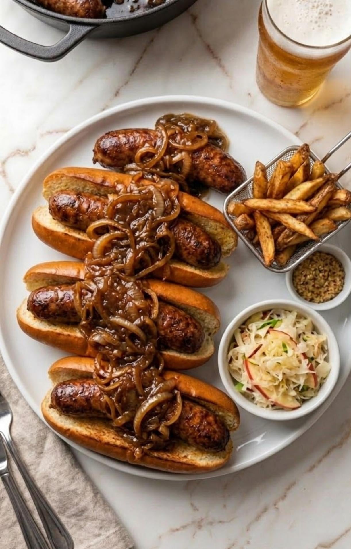 A white plate holding four beer brats in toasted buns topped with caramelized onions, served with a side of French fries and apple coleslaw.