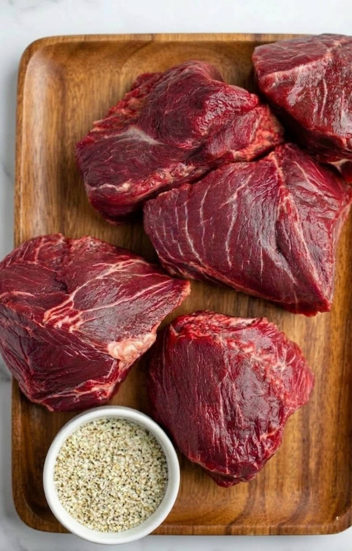 Fresh, trimmed raw beef cheeks displayed on a wooden tray next to a small bowl of coarse seasoning.