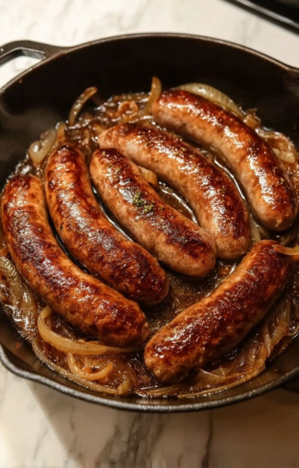 Darkly browned beer brats simmering in a rich, reduced onion and beer gravy in a cast iron skillet.