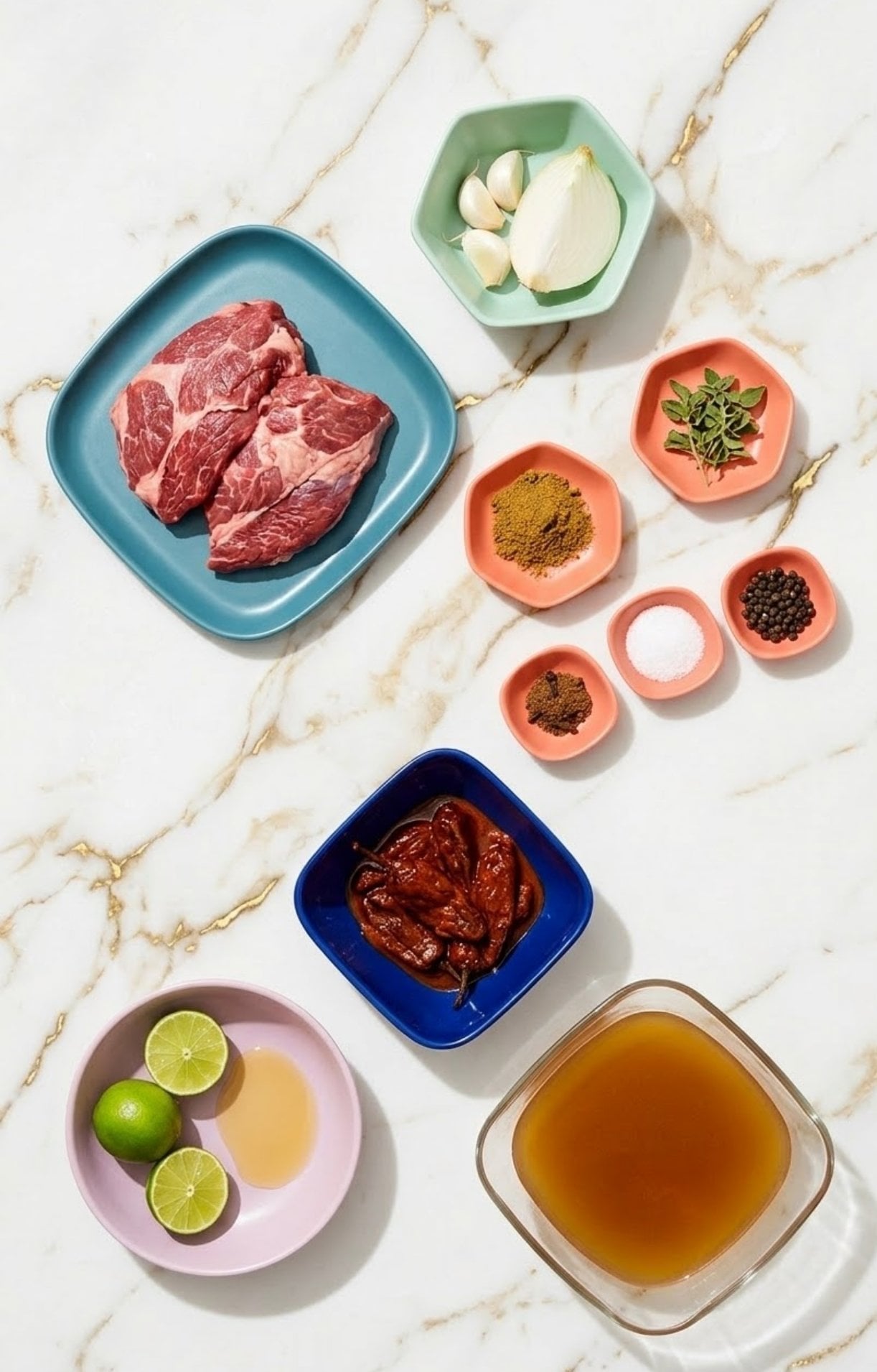A flat-lay arrangement on a marble surface showing raw beef cheek, onion, garlic, dried chiles, lime, beef broth, and various spices in small colored bowls.