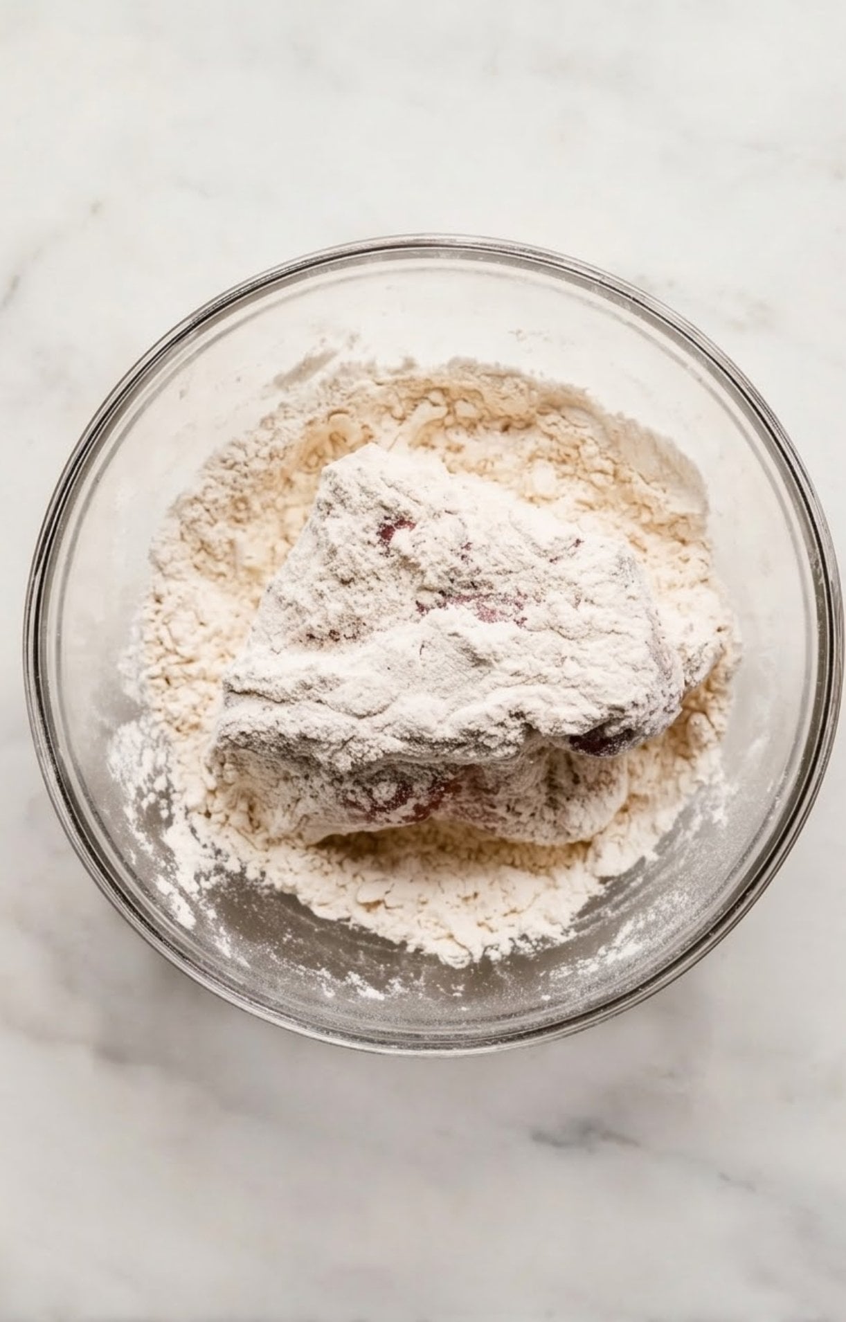 A piece of raw beef being coated in seasoned flour in a glass bowl to prepare for searing.
