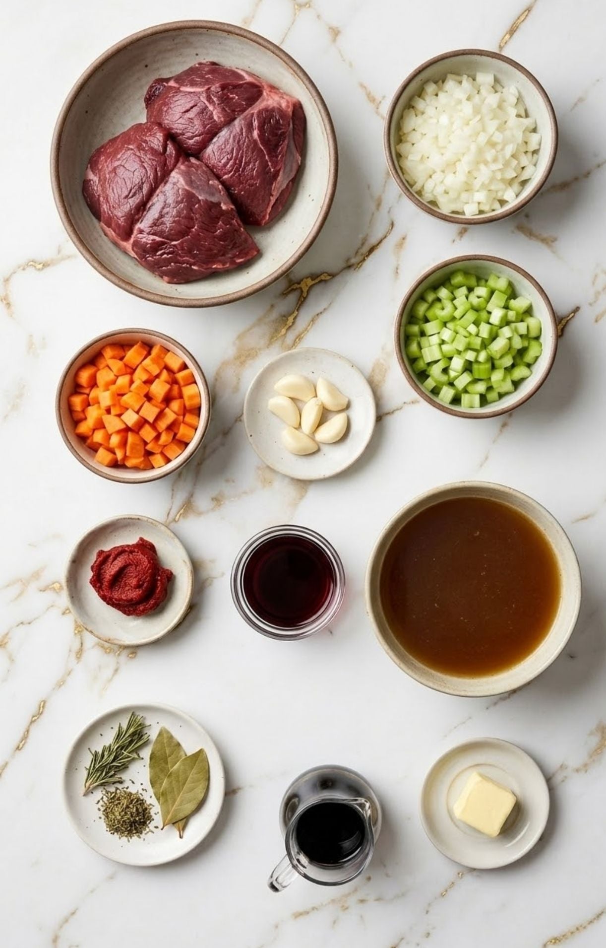 A flat lay of ingredients including raw beef cheeks, diced mirepoix, garlic, tomato paste, red wine, beef stock, and fresh herbs on a marble surface.