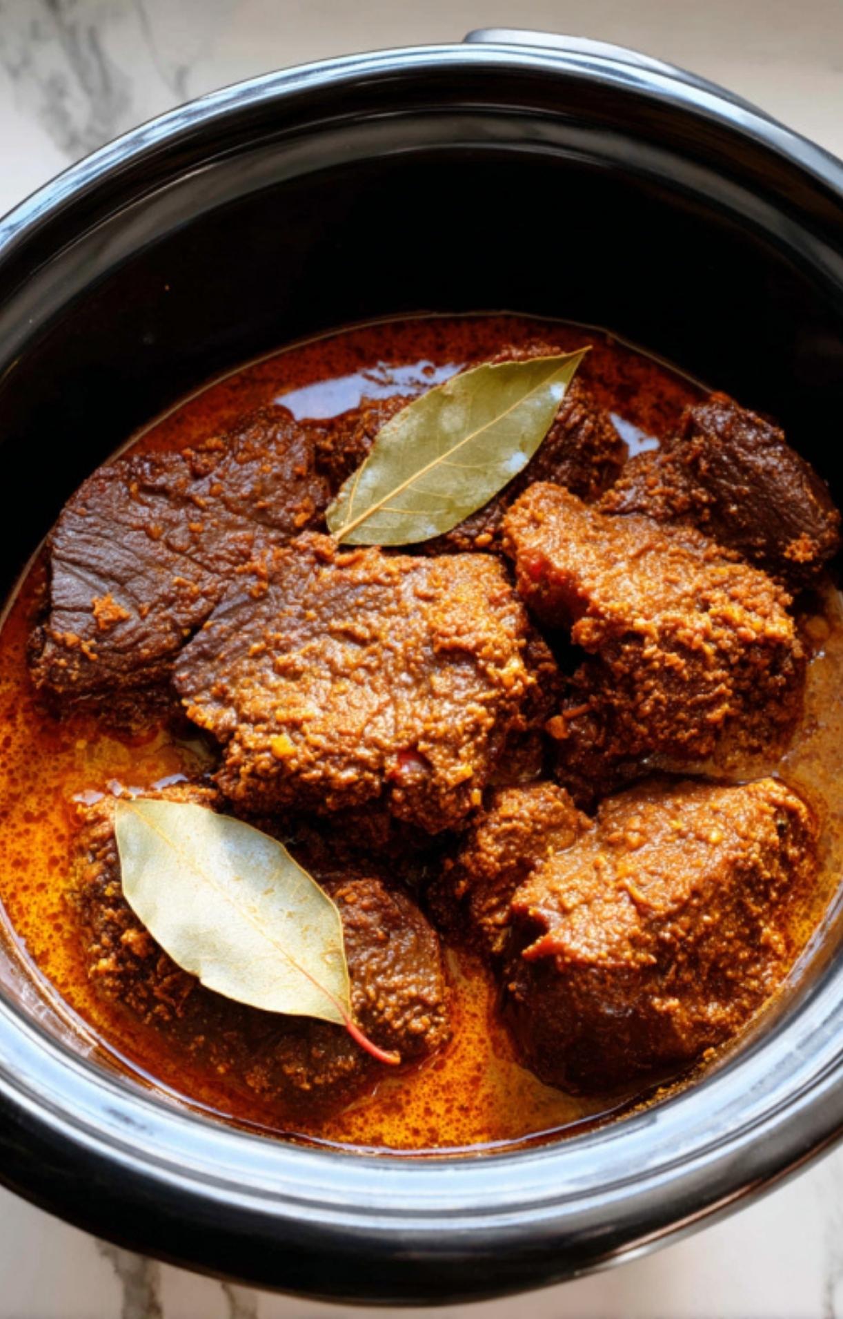 Seasoned beef chunks and bay leaves nestled in a slow cooker, submerged in a thick, savory braising liquid.