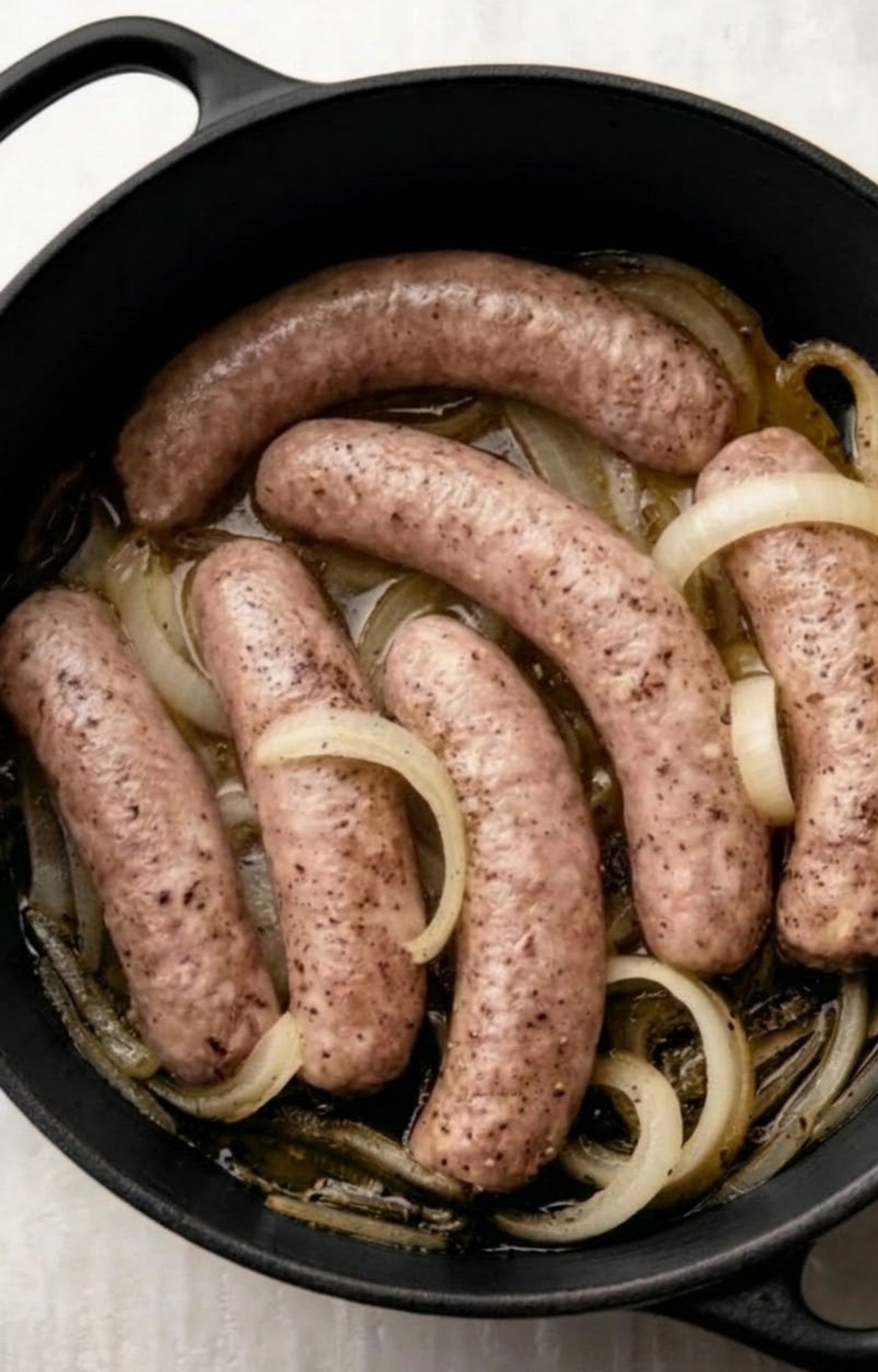 Sausages being seared alongside thick onion rings in a large pot to begin the beer brats in oven process.