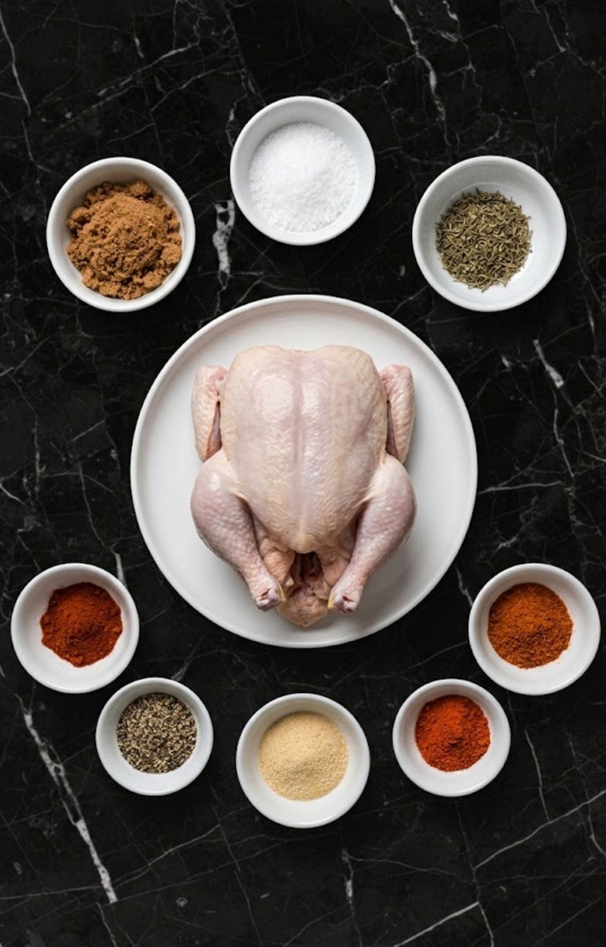 A top-down view of a raw whole chicken surrounded by small bowls of spices, including paprika, garlic powder, and herbs for Beer Can Chicken.