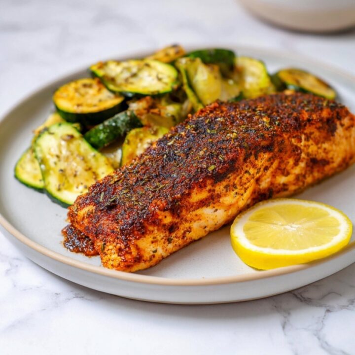 A seasoned, golden-brown salmon fillet served on a speckled plate with a side of roasted zucchini and a fresh lemon slice.