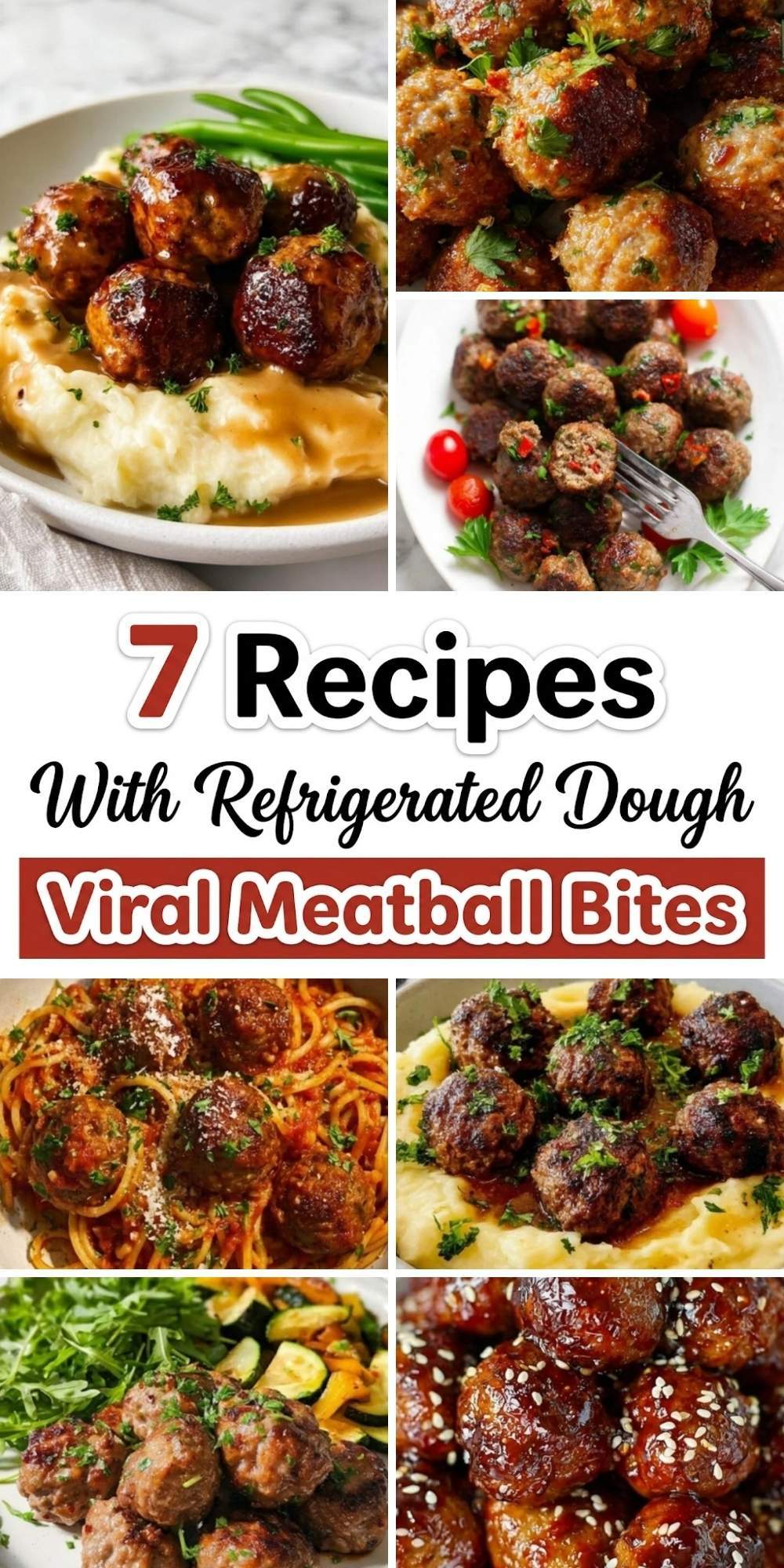 Collage of air fryer meatballs recipes including glazed meatballs, spaghetti meatballs, and savory meatball bites served in different styles