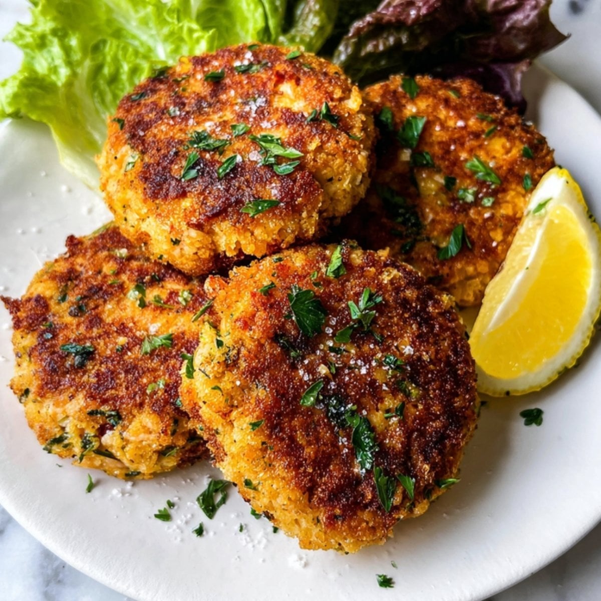 Four crispy, golden-brown air fryer salmon patties garnished with fresh parsley and a lemon wedge on a white plate.