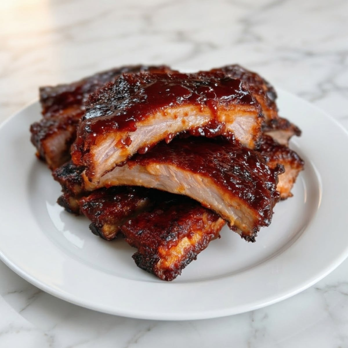 A stack of juicy, BBQ-glazed baby back ribs served on a white plate over a clean white marble background.