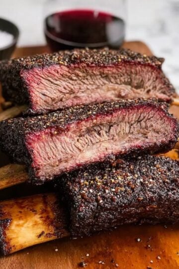 Sliced beef short ribs pellet smoker recipe showing juicy tender smoked meat with bark