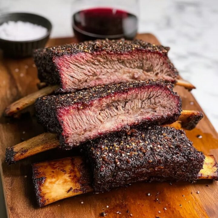 Sliced beef short ribs pellet smoker recipe showing juicy tender smoked meat with bark
