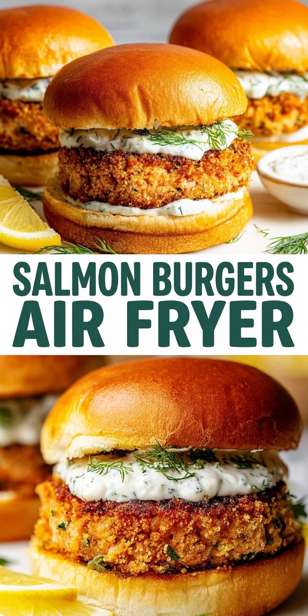 A vertical Pinterest graphic featuring two close-up photos of crispy salmon burgers with creamy dill sauce and the text "SALMON BURGERS AIR FRYER."