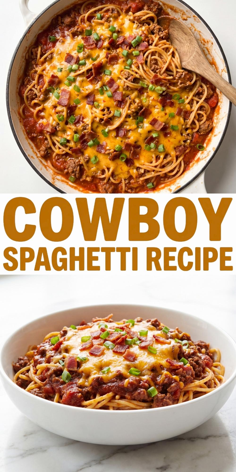 cowboy spaghetti recipe with ground beef bacon cheese and green onions served in skillet and bowl easy dinner idea