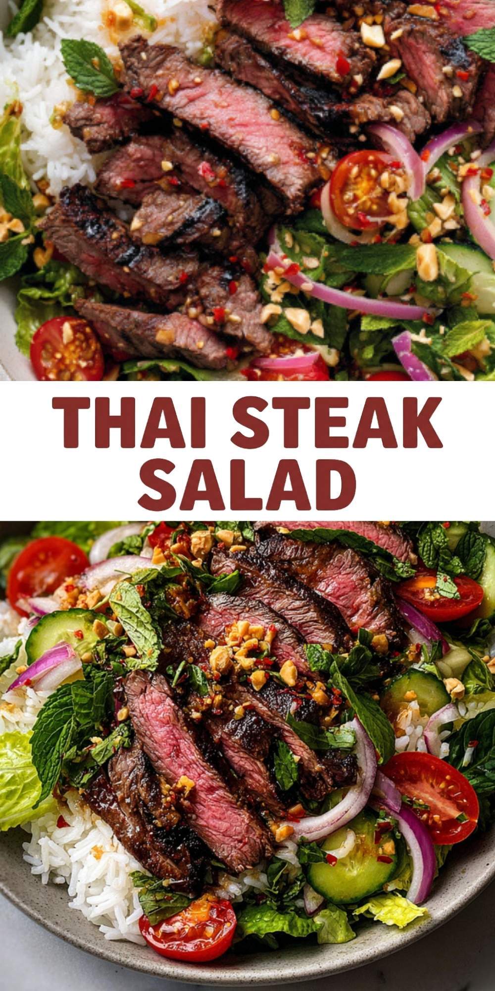 An overhead shot of a colorful Thai steak salad garnished with toasted peanuts, lime, and fresh herbs in a large serving bowl.