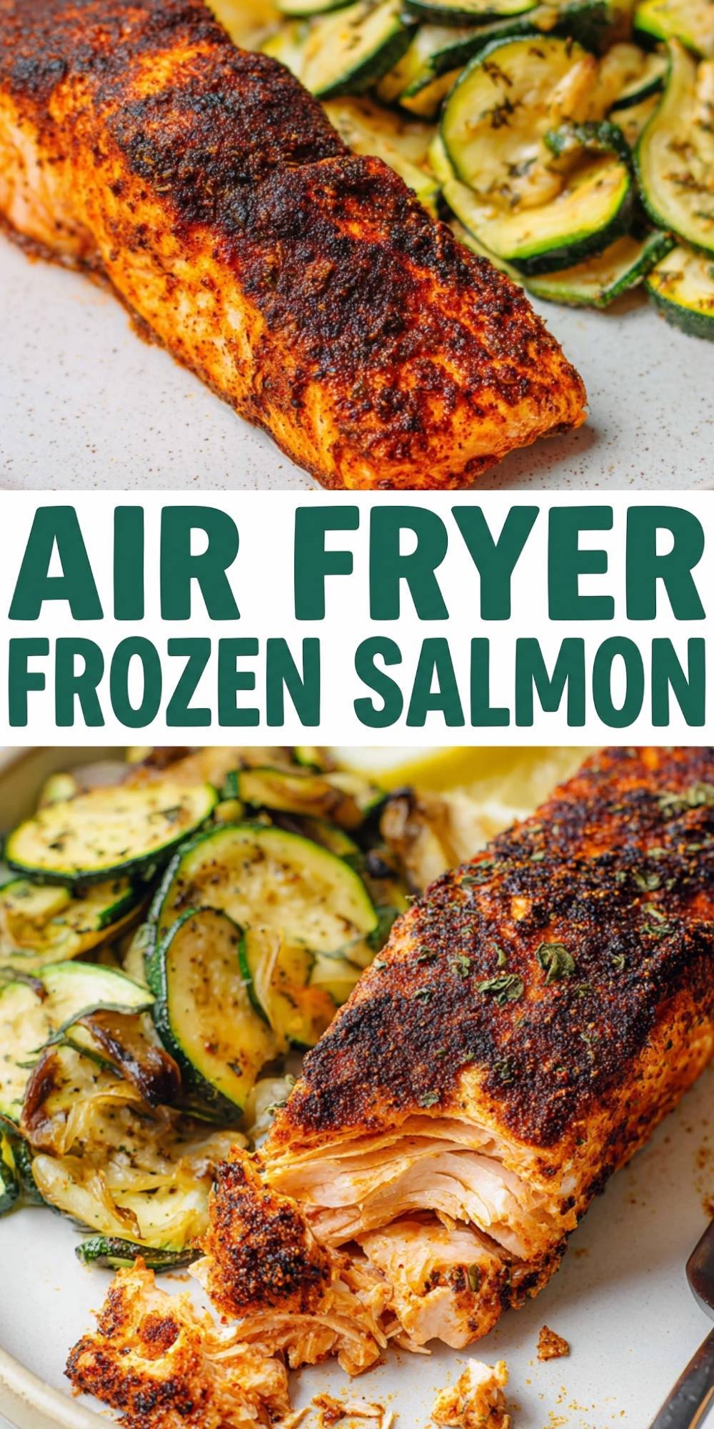 A vertical Pinterest pin graphic with the text "AIR FRYER FROZEN SALMON" centered between two close-up photos of flaky, spiced salmon and zucchini.