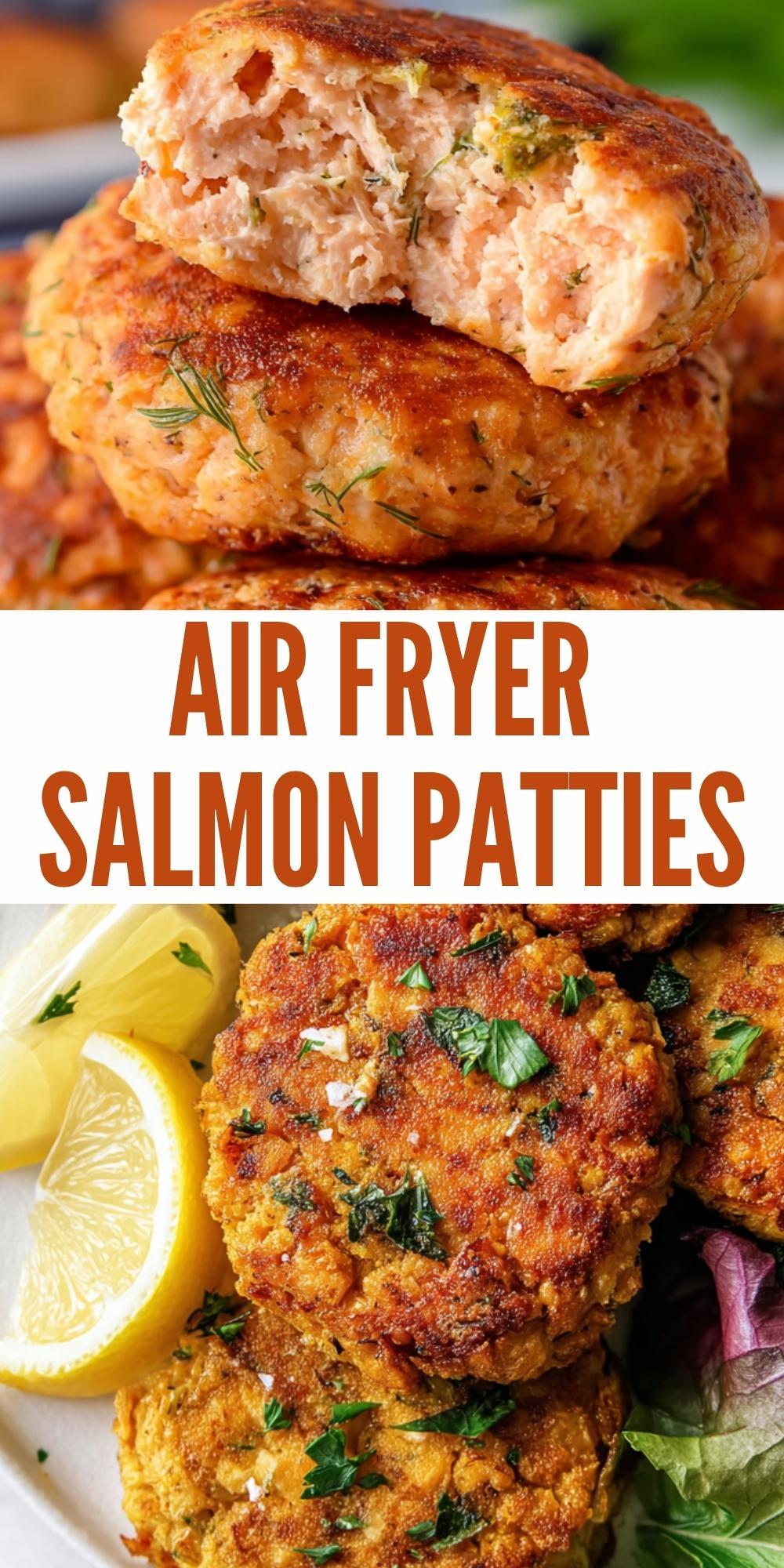A close-up, stacked view of air fryer salmon patties with the top one broken open to reveal a moist, flaky pink interior.