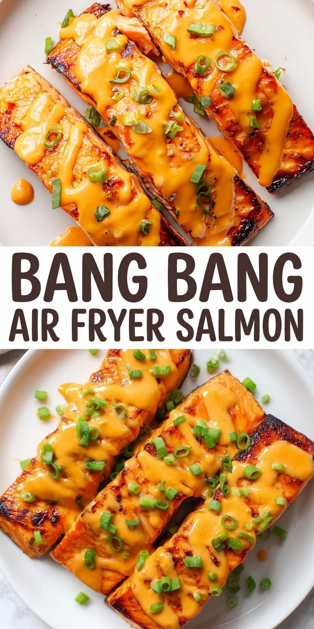 A collage showing close-ups of glazed salmon with the text "Bang Bang Air Fryer Salmon."