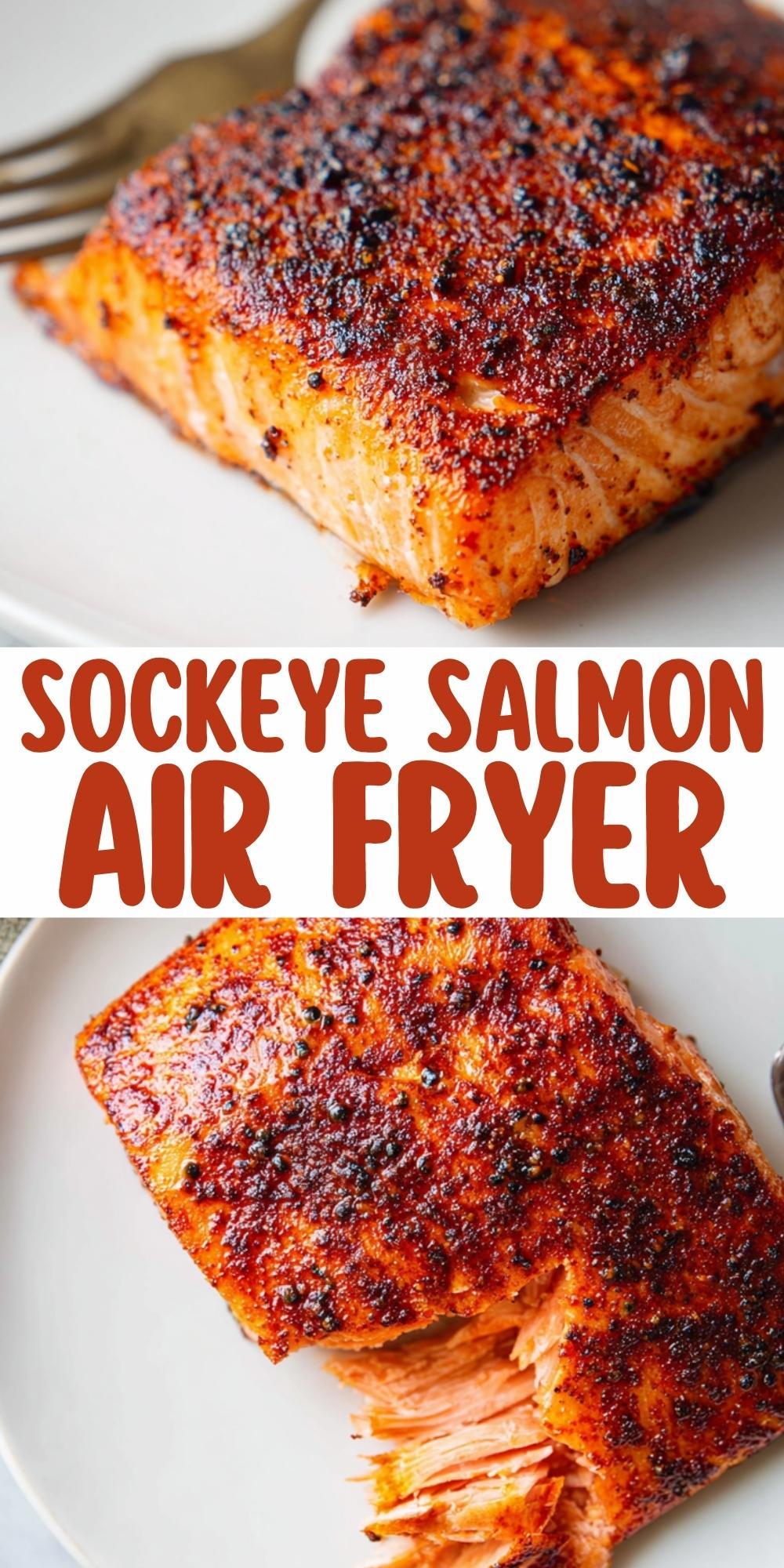 A vertical Pinterest graphic featuring two close-up photos of seasoned, flaky sockeye salmon air fryer fillets on white plates.