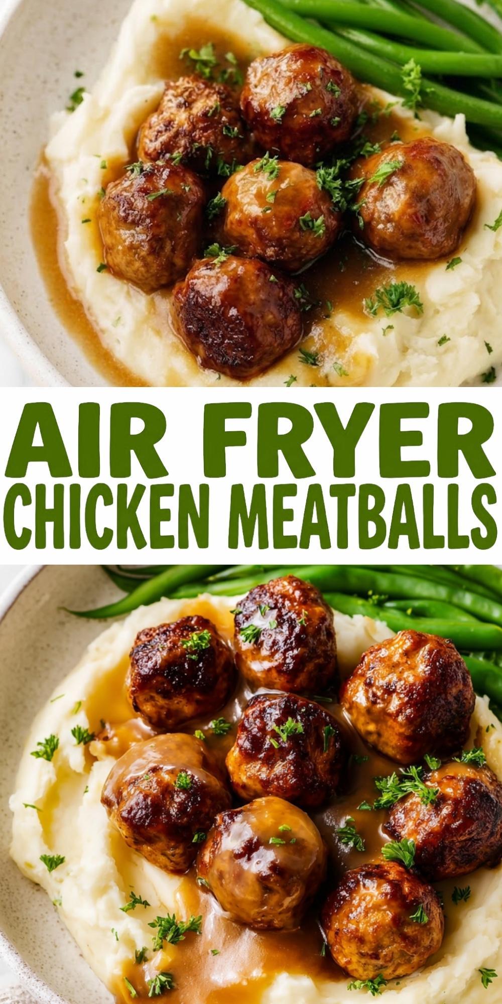 A vertical social media pin featuring two images of glazed chicken meatballs on mashed potatoes with large green text overlay.