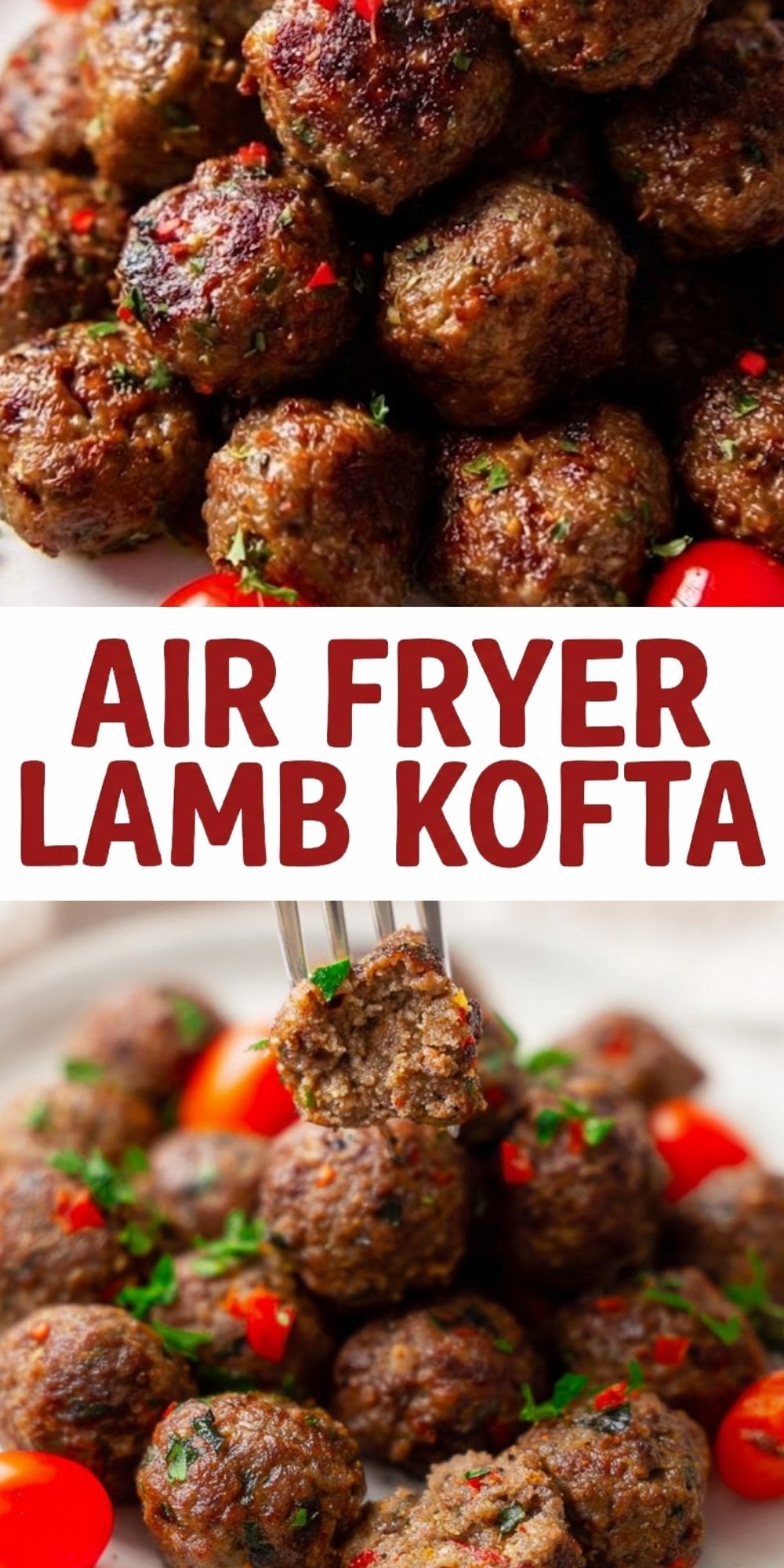 Pinterest pin graphic showing a close-up of stacked lamb meatballs and a fork holding a halved kofta to show the juicy interior texture.