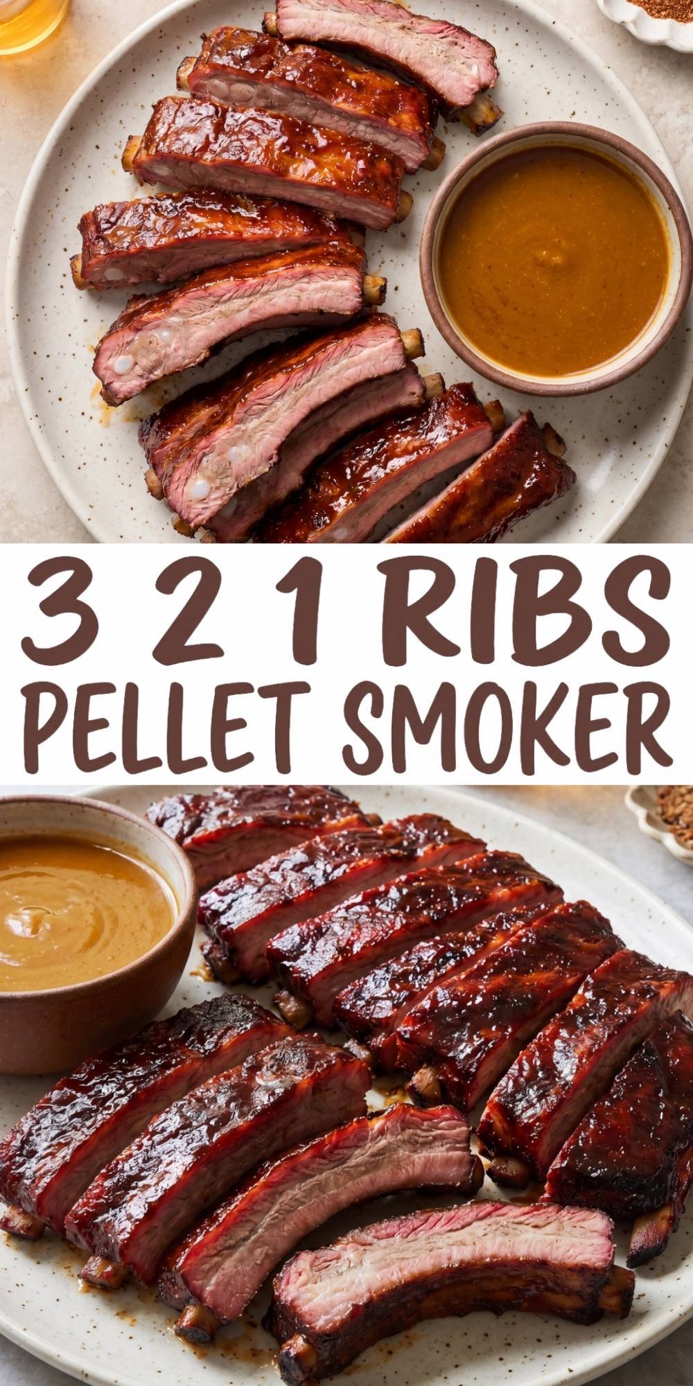 plate of smoked ribs with bbq sauce using 3 2 1 pellet smoker method