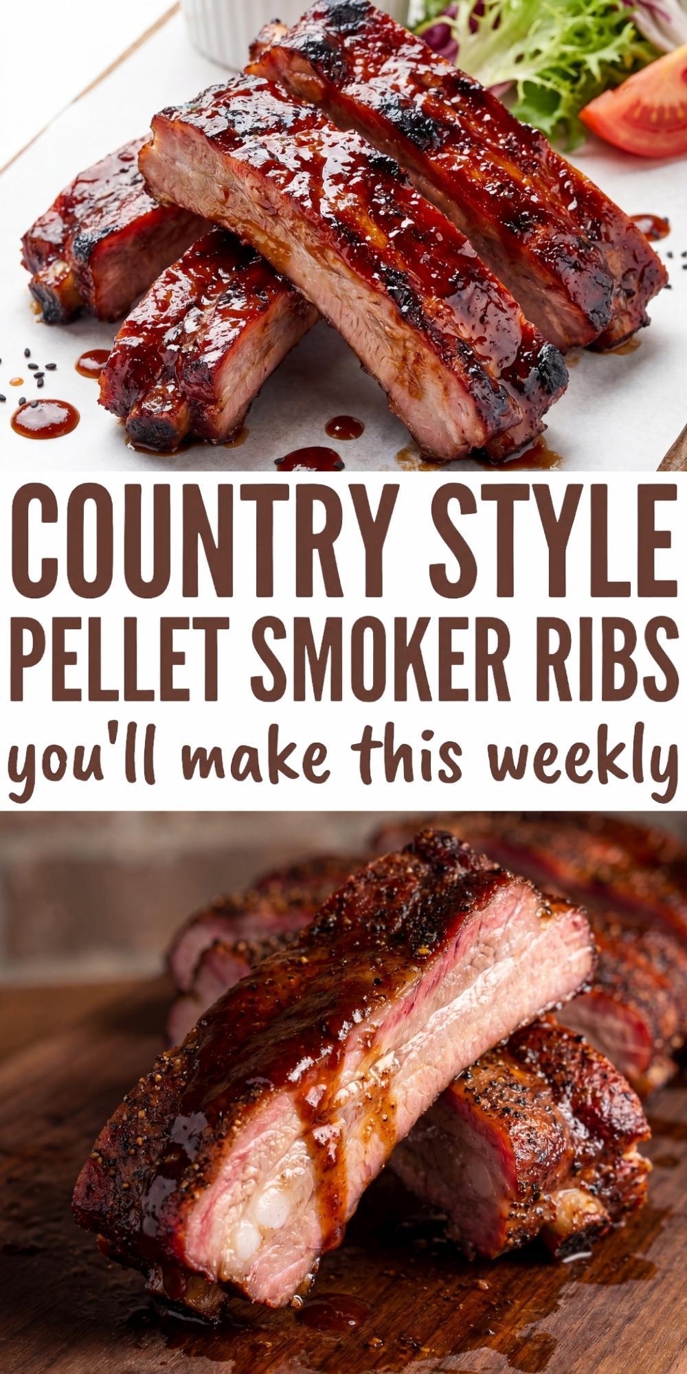 pinterest pin showing country style pellet smoker ribs with text overlay easy bbq recipe