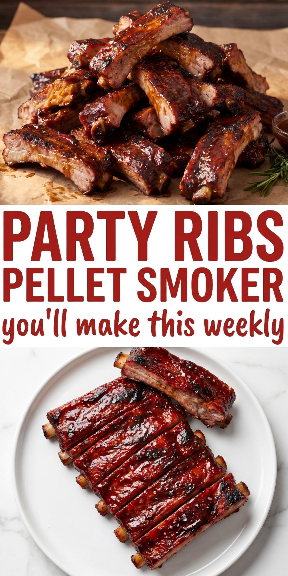 A vertical Pinterest graphic featuring a stack of smoked riblets on top and a white plate with neatly arranged glazed ribs on the bottom, with bold text reading "PARTY RIBS PELLET SMOKER."