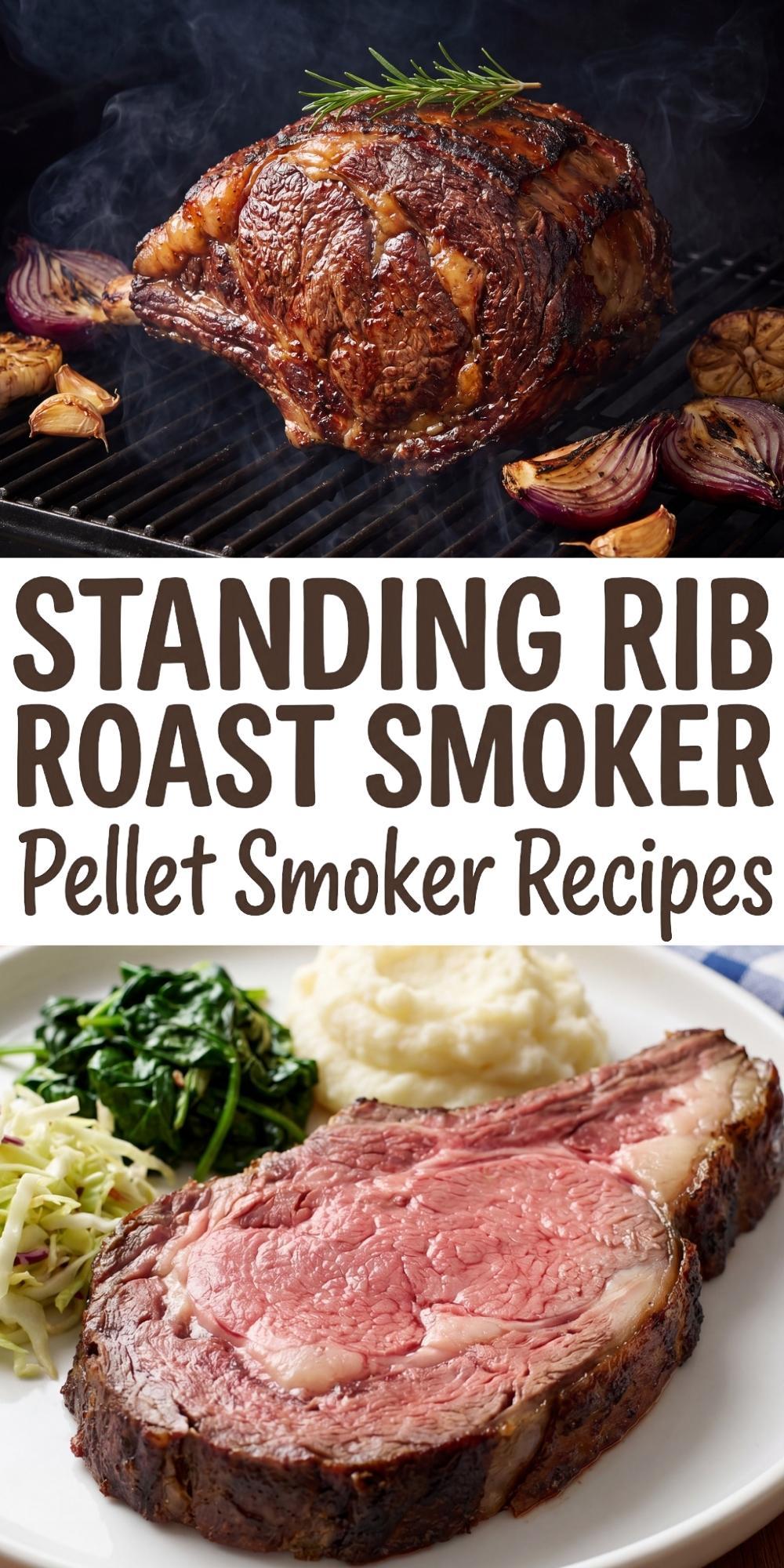 A vertical Pinterest pin featuring a finished rib roast on the grill at the top, a middle text section reading "Standing Rib Roast Smoker," and a plated slice of medium-rare beef at the bottom.