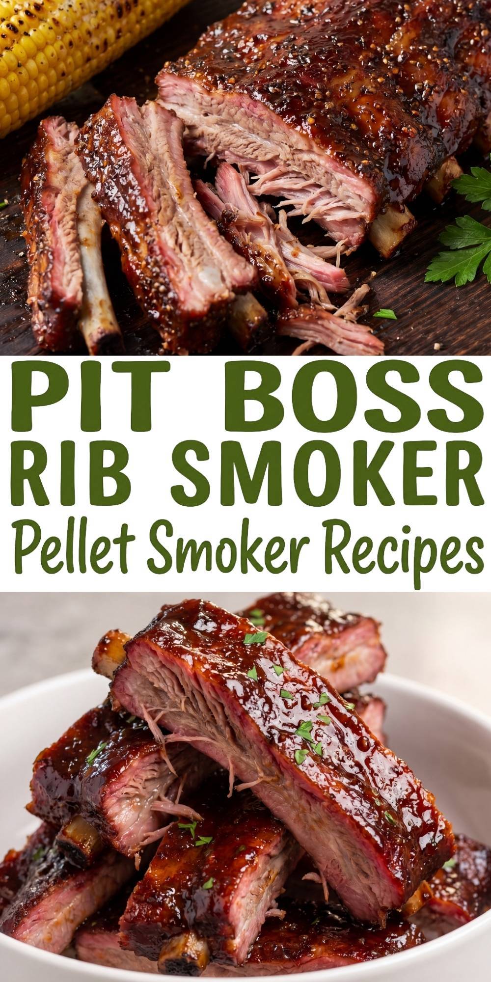 Pit Boss pellet smoker rib recipe collage showing juicy ribs and bold text for easy smoker recipe idea