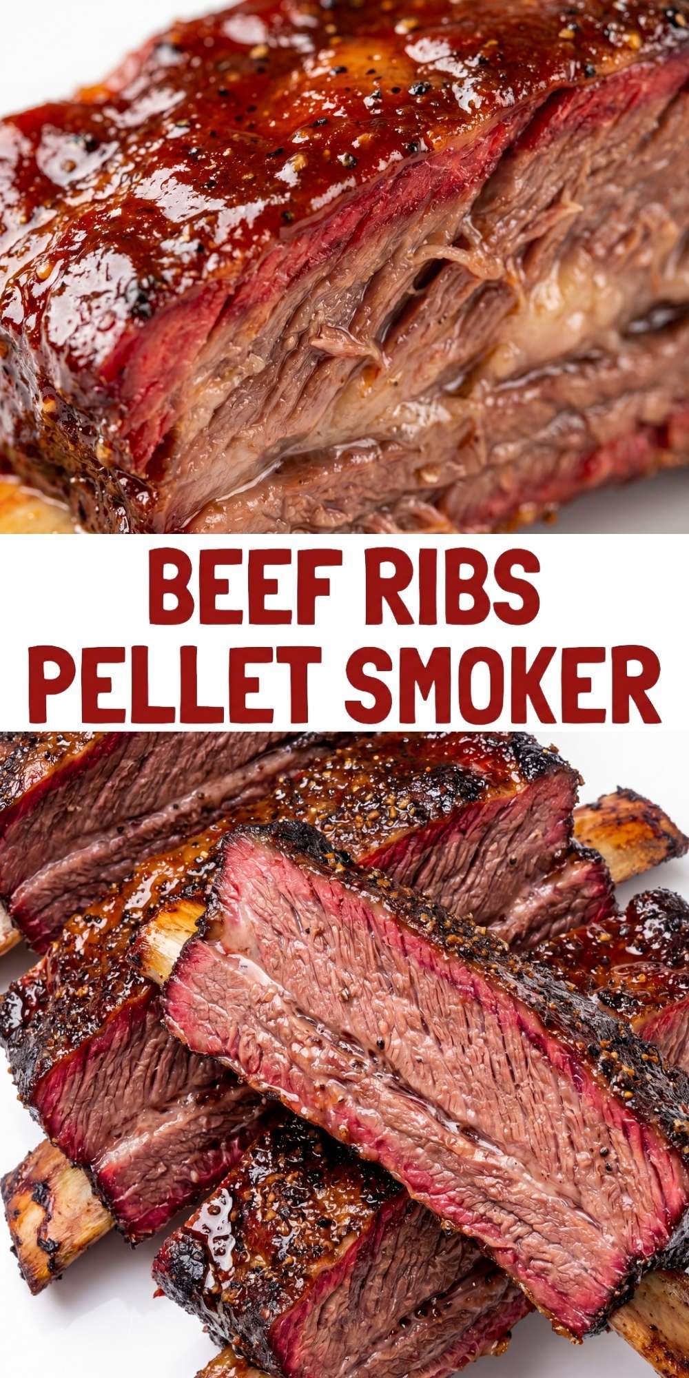 beef ribs pellet smoker recipe with saucy smoked beef ribs stacked and caramelized BBQ glaze