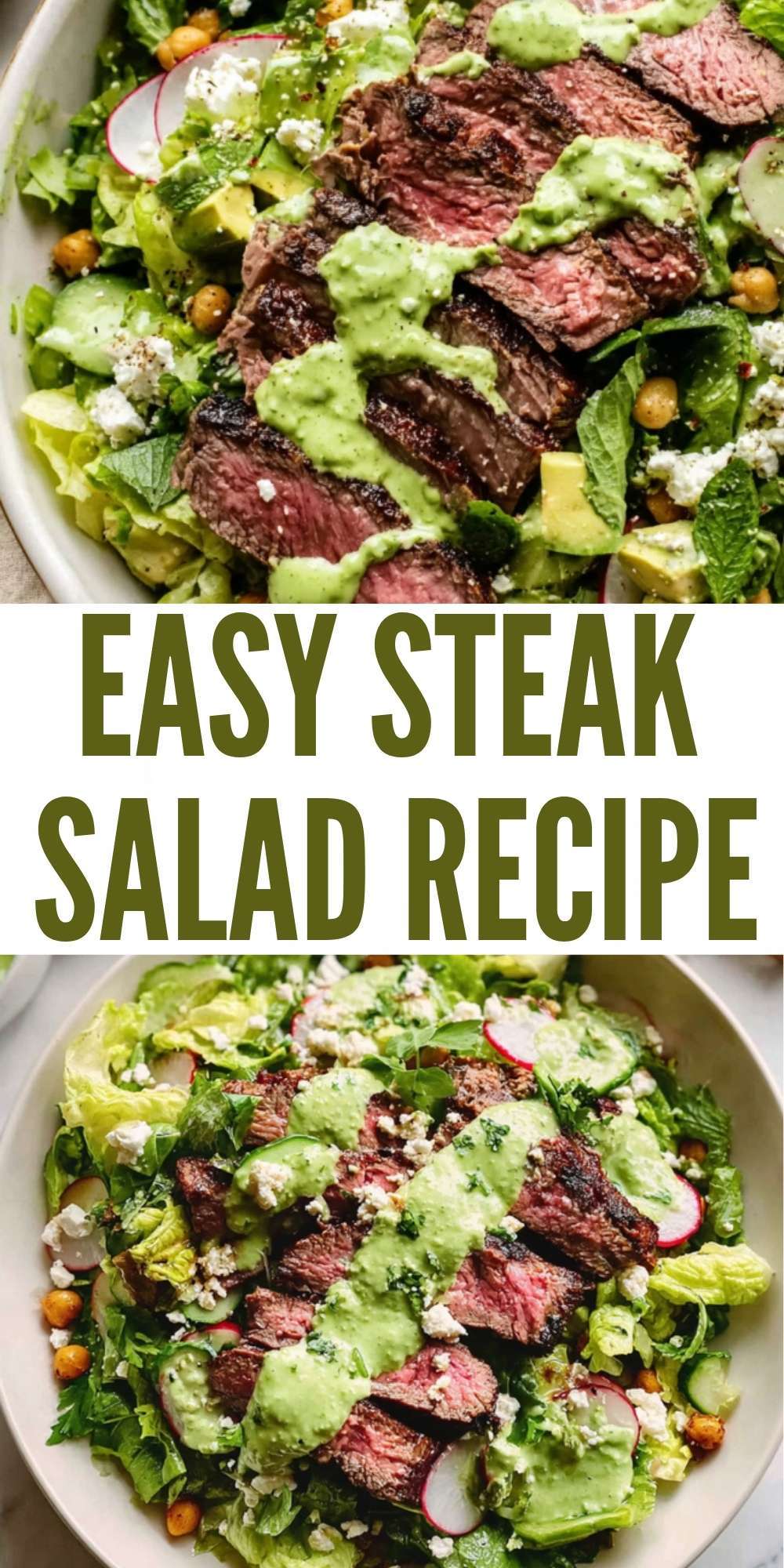 A vertical collage designed for social media featuring the title "Easy Steak Salad Recipe" between two mouthwatering photos of the finished dish.