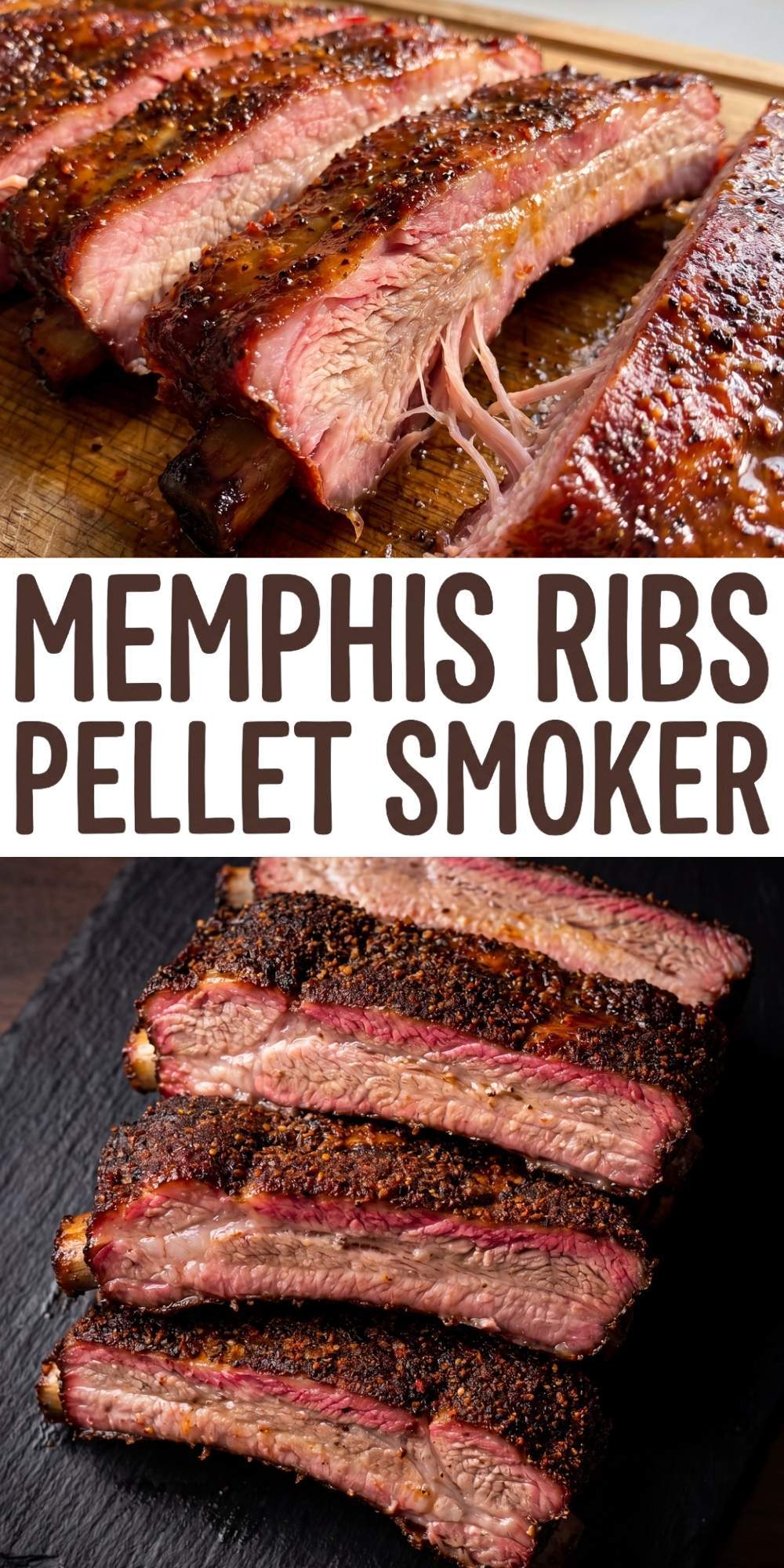 close up of pellet smoker memphis ribs recipe with sliced juicy ribs smoky bark and dry rub seasoning on cutting board